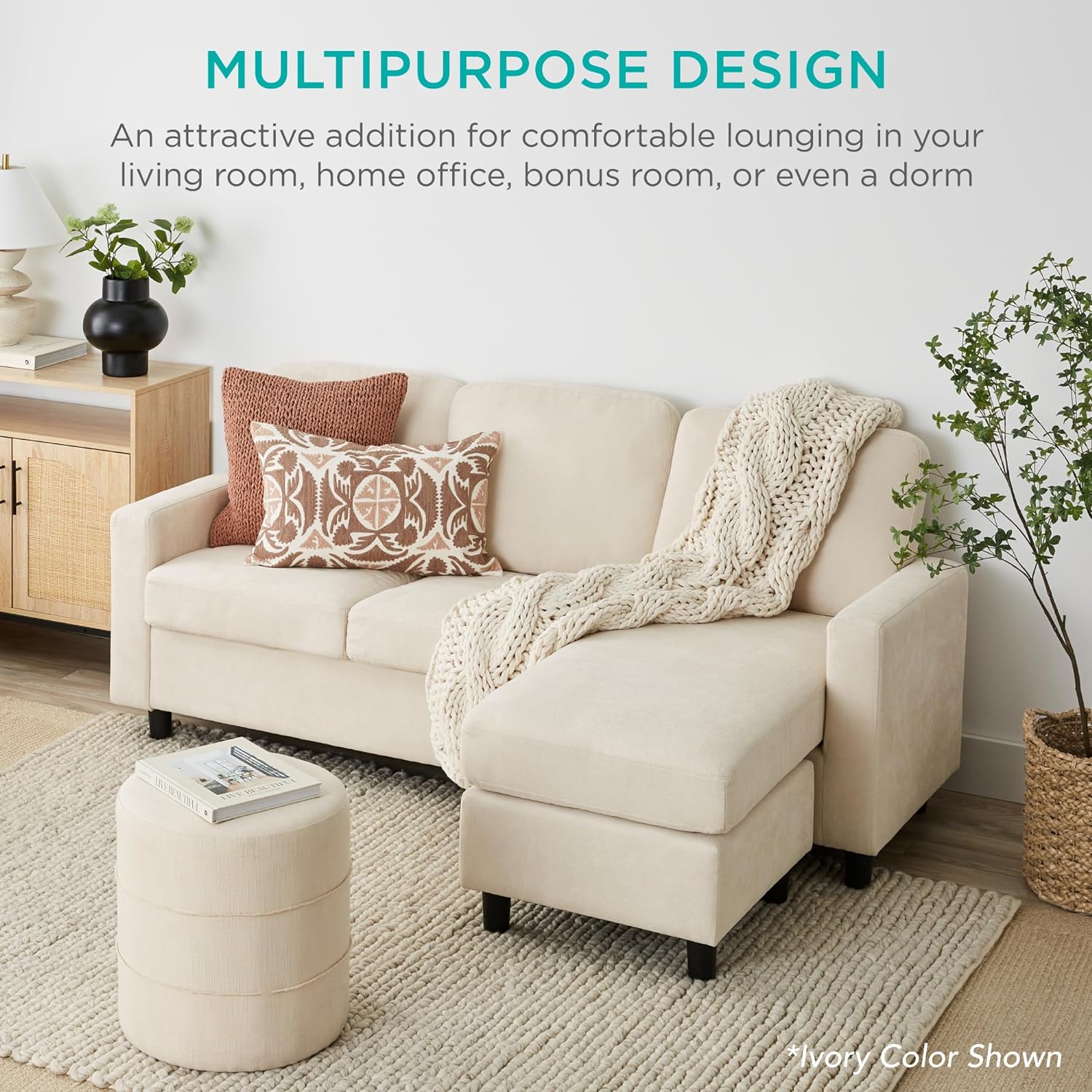 Best Choice Products Upholstered Sectional Sofa for Home, Apartment, Dorm, Bonus Room, Compact Spaces w/Chaise Lounge, 3-Seat, L-Shape Design