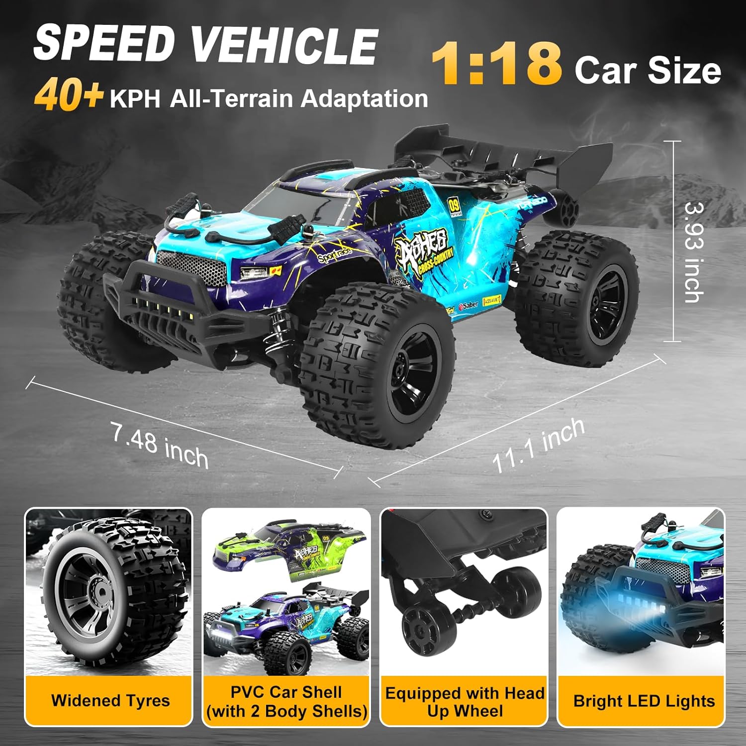 1:18 Scale All-Terrain RC Car for Adults - 40+KM/H High Speed 4WD Off-Road Remote Control Truck with 2 Rechargeable Batteries