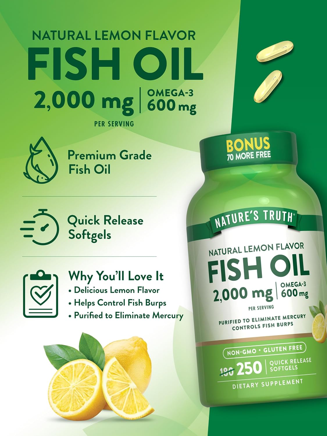 Nature's Truth Fish Oil 2000 mg | 600 mg Omega 3 | 250 Softgels | Natural Lemon Flavor | Non-GMO and Gluten Free Supplement | Natural Lemon Flavor