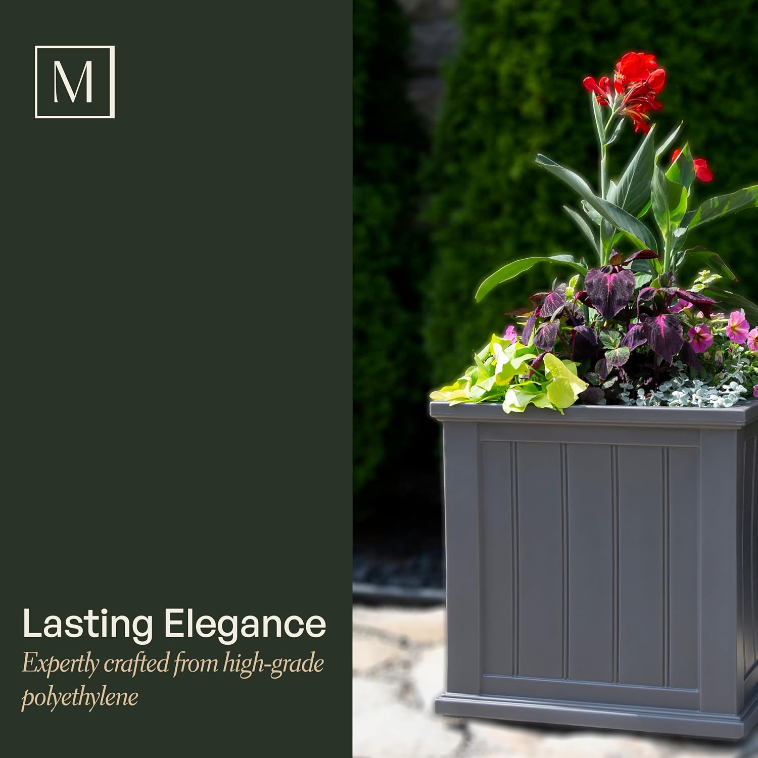 Mayne Cape Cod 14in Self-Watering Square Planter, Black | Self-watering, All season, Fade resistant, Double-wall design, 15-year warranty