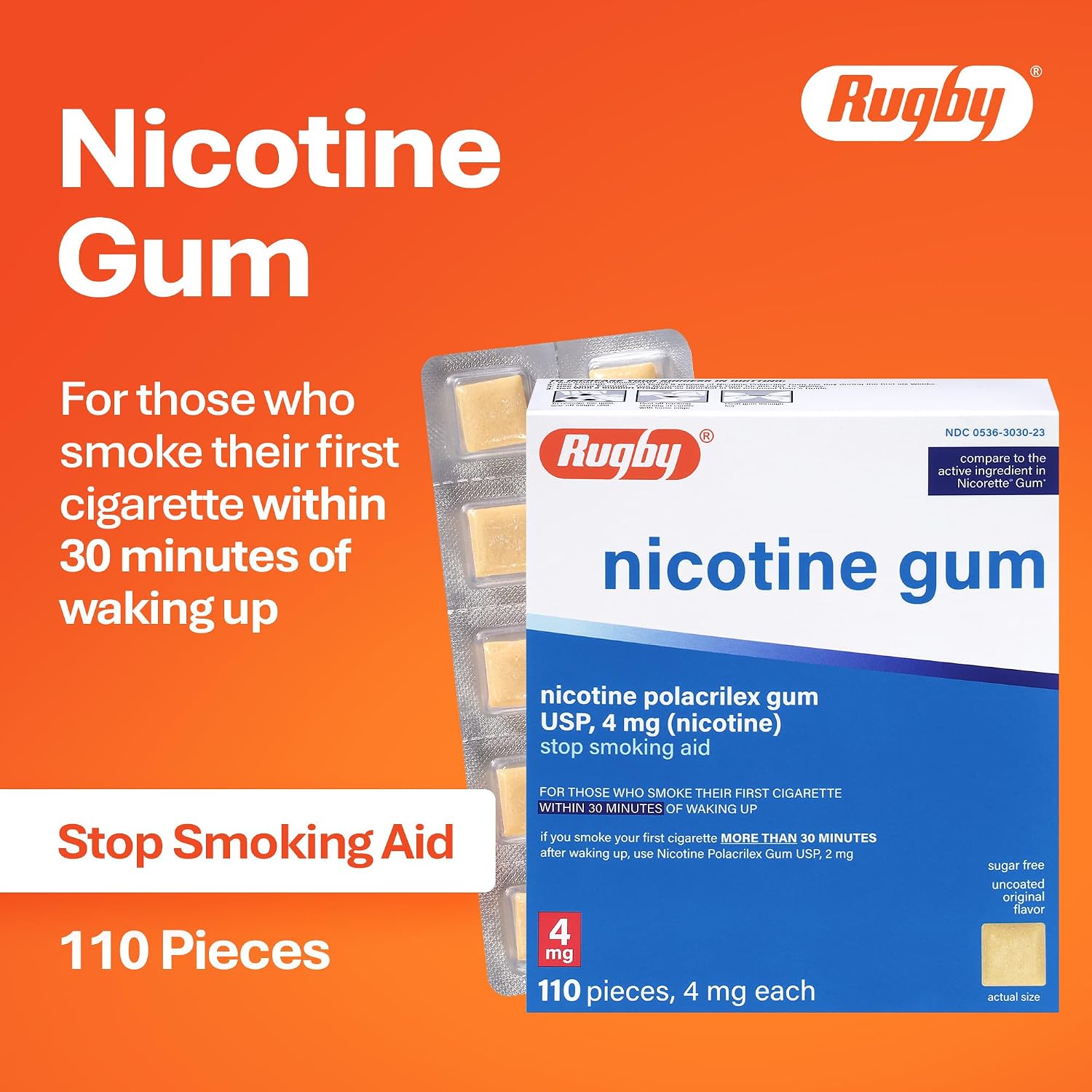 Rugby Polacrilex 4mg Nicotine Gum, Original Flavor, 110 Count (1-Pack) | Sugar-Free Stop Smoking Aid, Helps Reduce Nicotine Cravings and Withdrawal Symptoms, 12-week Schedule