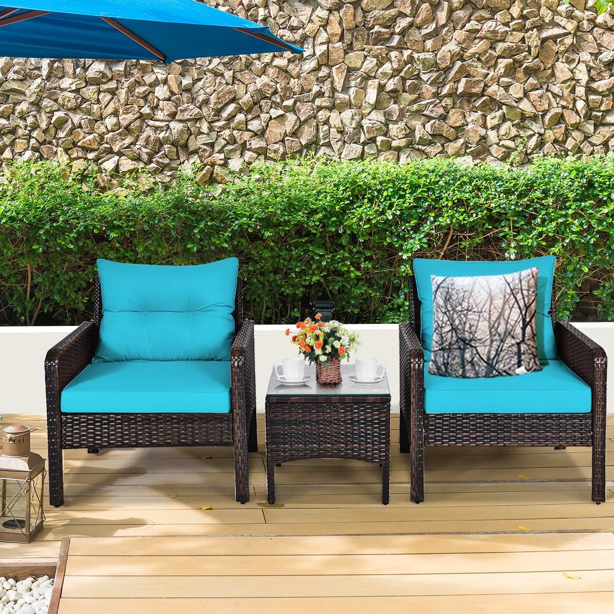Tangkula 3 Piece Outdoor Patio Furniture Set, Wicker Chairs Set with Glass Top Coffee Table, Thick Cushions