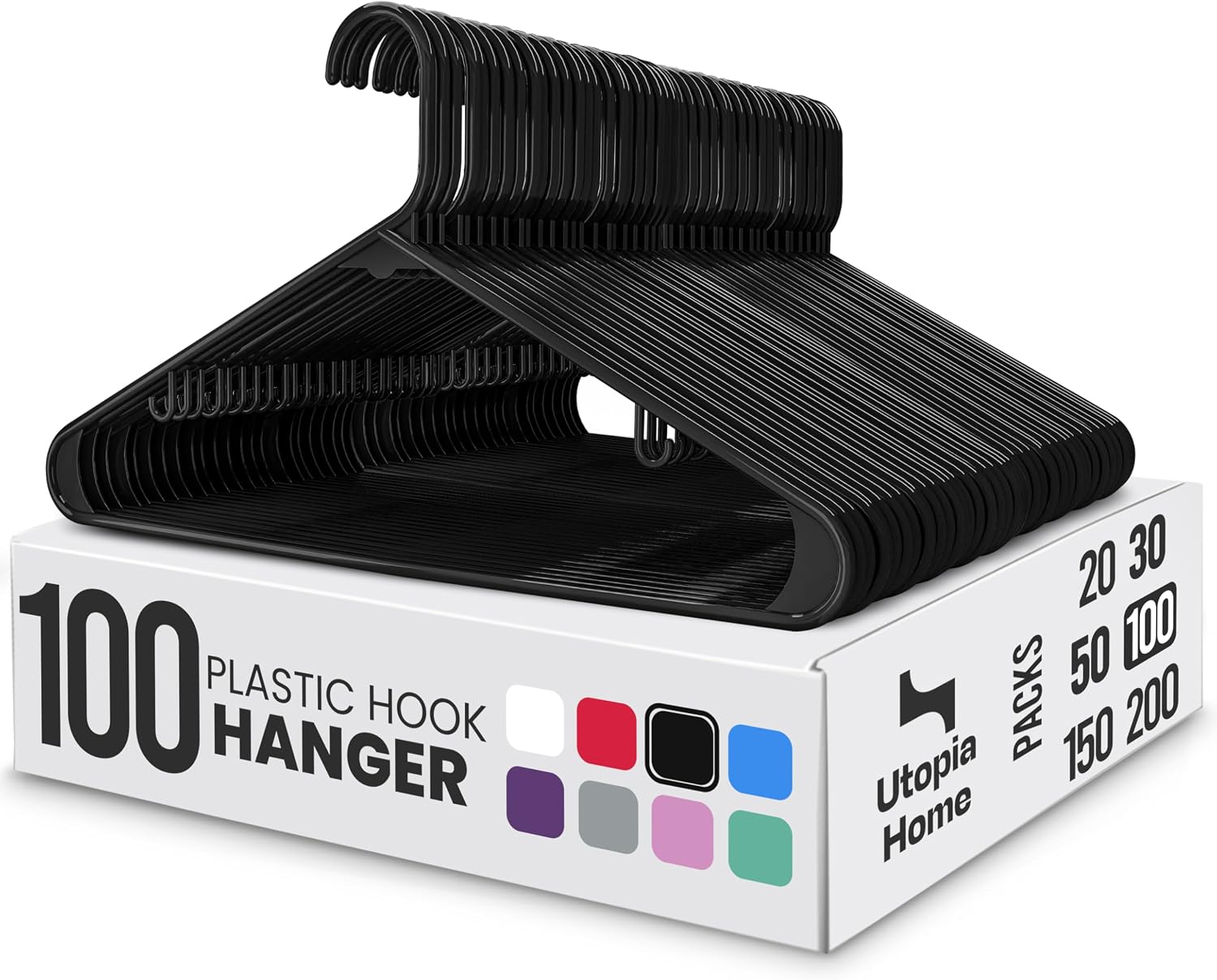 Utopia Home Plastic Hangers 50 Pack – Built-in Strap Hooks Black
