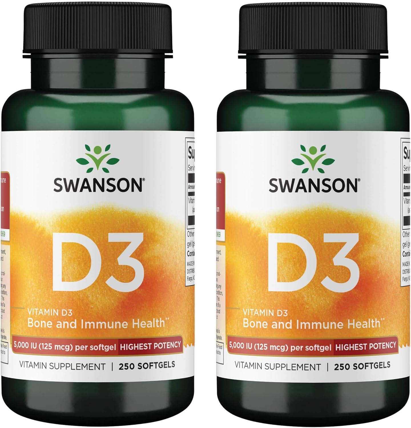 Swanson Vitamin D3 5,000 IU, 125 mcg Cholecalciferol, 250 Softgels | For Sun-Deprived Adults Seeking Bone, Immune, and Heart Support, 125 mcg Cholecalciferol, the Active Vitamin D3