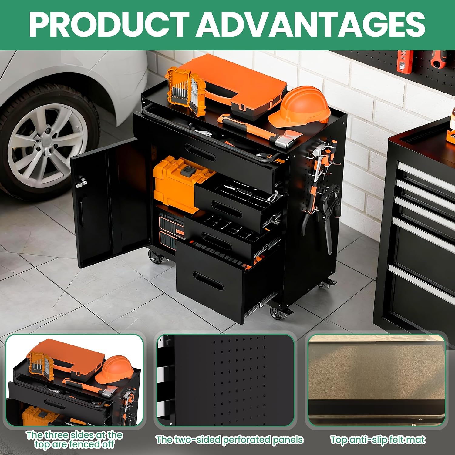 Garage Cabinets,Metal Garage Storage Cabinet with Wheels,Black Lockable Rolling Tool Cabinet with Drawer and Adjustable Shelves,Heavy Duty Tool Chest for Home Office Utility Room