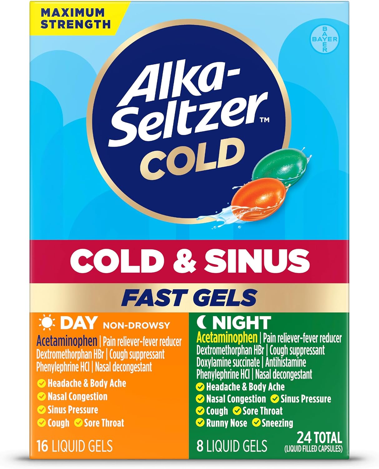 Alka-Seltzer Cold, Cold & Sinus Max Strength Fast Gels, Cold Medicine, Multi-Symptom Relief, Body Aches and Pains, Sinus Pressure, Congestion Relief