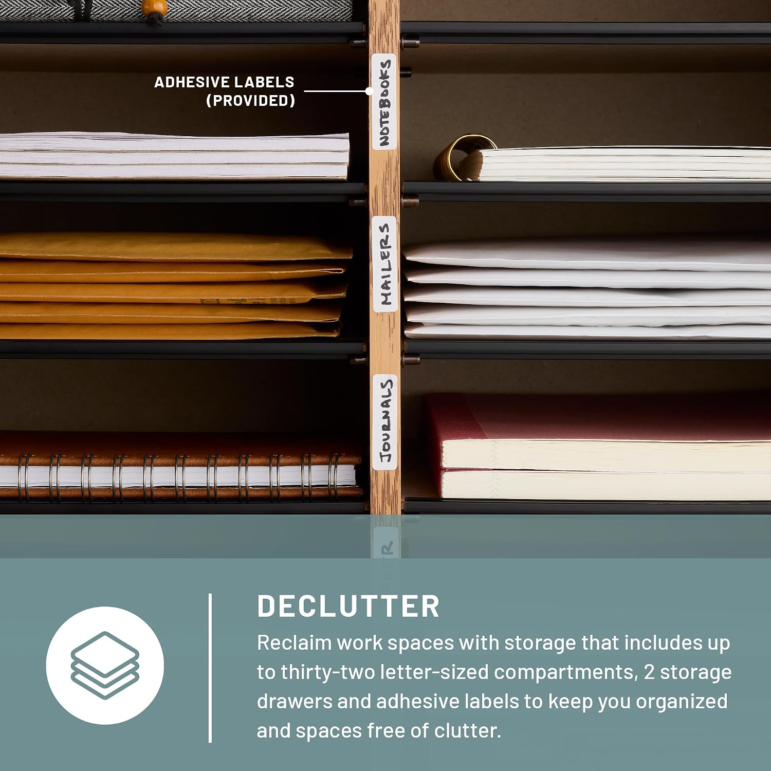 Safco Wooden Paper and Mail Organizer for Home Office and Classroom, Adjustable Shelves and Stackable, 12 Compartments with Drawers, Modern Gray