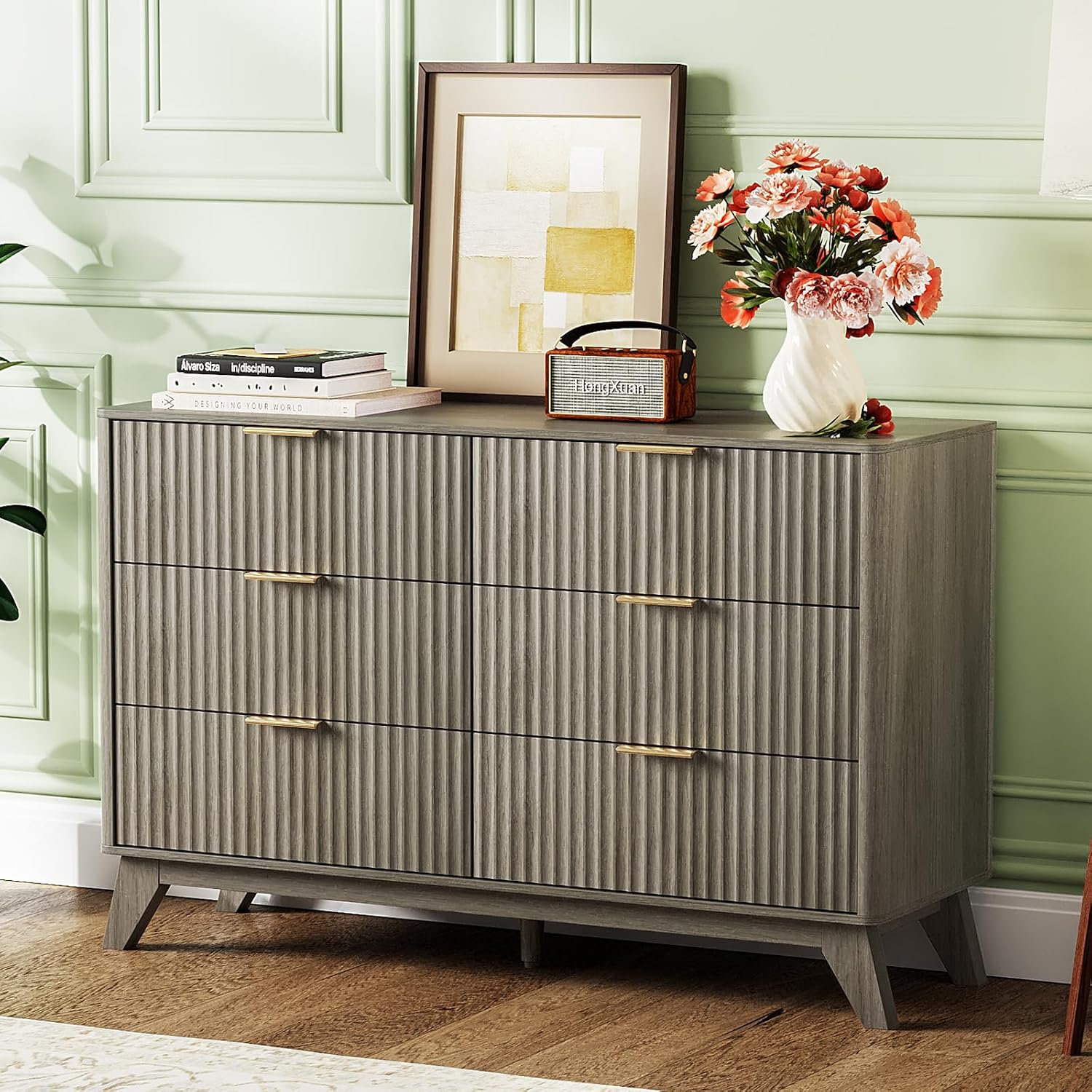 VINGLI Fluted Tall Dresser 5 Drawer, 23.66" W Chest of Drawers Gray Wood Dresser with Rounded Edges, Grey Dressers for Bedroom