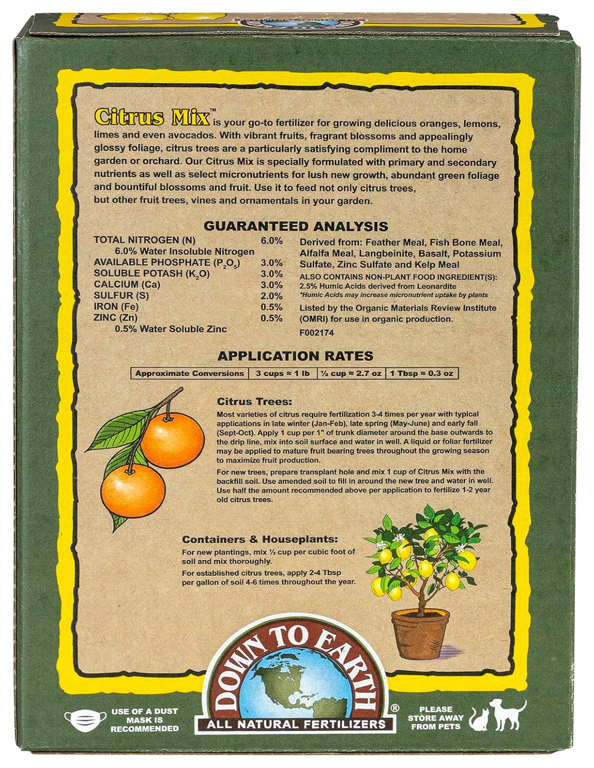 Down To Earth All Natural Fertilizers Organic Citrus Mix - 6-3-3, 1 lb | Plant Food for Lemons, Limes, Oranges, Avocados, Fruit Trees, Vines, Contains Nitrogen, Zinc, Iron, For Blossoms and Fruits