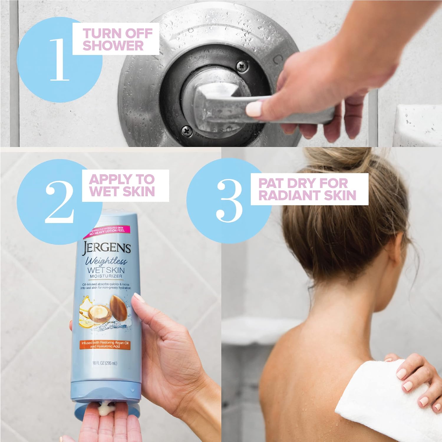 Jergens In Shower Lotion For Dry Skin, Wet Skin Moisturizer, 10 oz, 4 Pack | Argan Oil, Hyaluronic Acid, Fast Absorption, Non-Sticky Formula, Dermatologist Tested