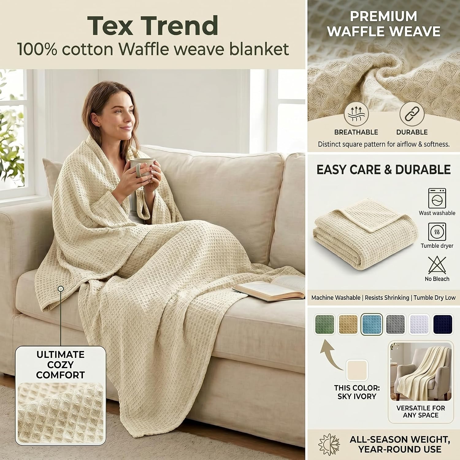 Tex Trend 100% Cotton Waffle Weave Blanket Queen Size - Soft, Breathable Cooling Blanket for Bed, Lightweight Cozy Summer & Spring Bedding, Grey, 90x90