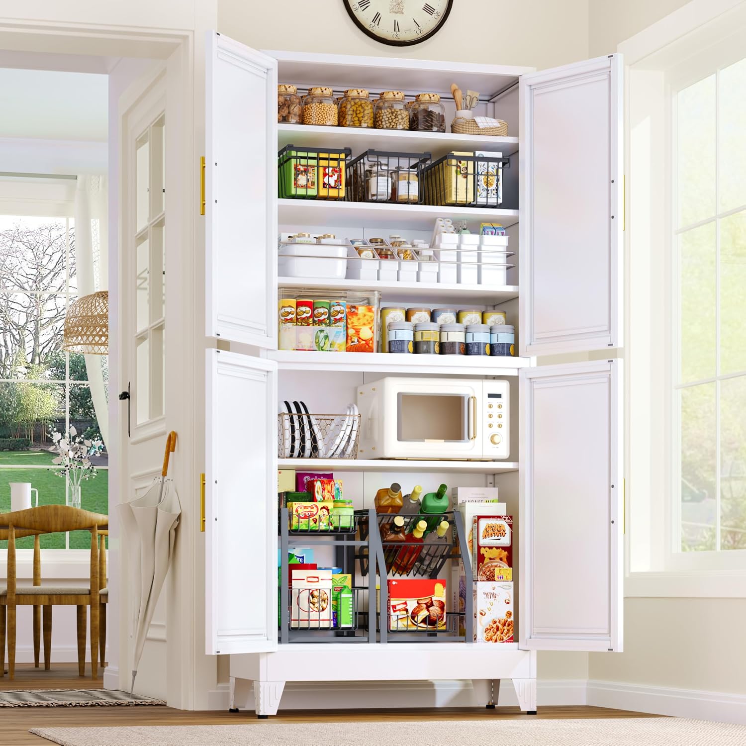 GAIOUS 75.2" Tall Metal Kitchen Pantry Storage Cabinets with 2 Door and 5 Adjustable Shelves, Cupboard for Kitchen, Dining Room, Living Room and Bathroom, White