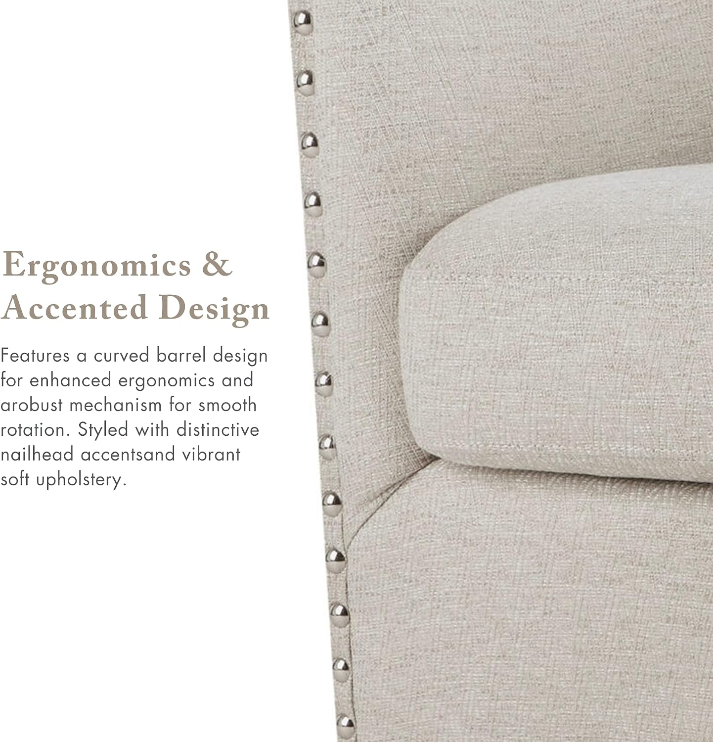 Madison Park Swivel Barrel Accent Chair, Upholstered Curved Back with 7-Inch Thick Woven Cushion, 360° Swivel, Nailhead Trim, Comfy Chair for Living Room, Bedroom, Office, 28" Wide, Neutral, Tyler