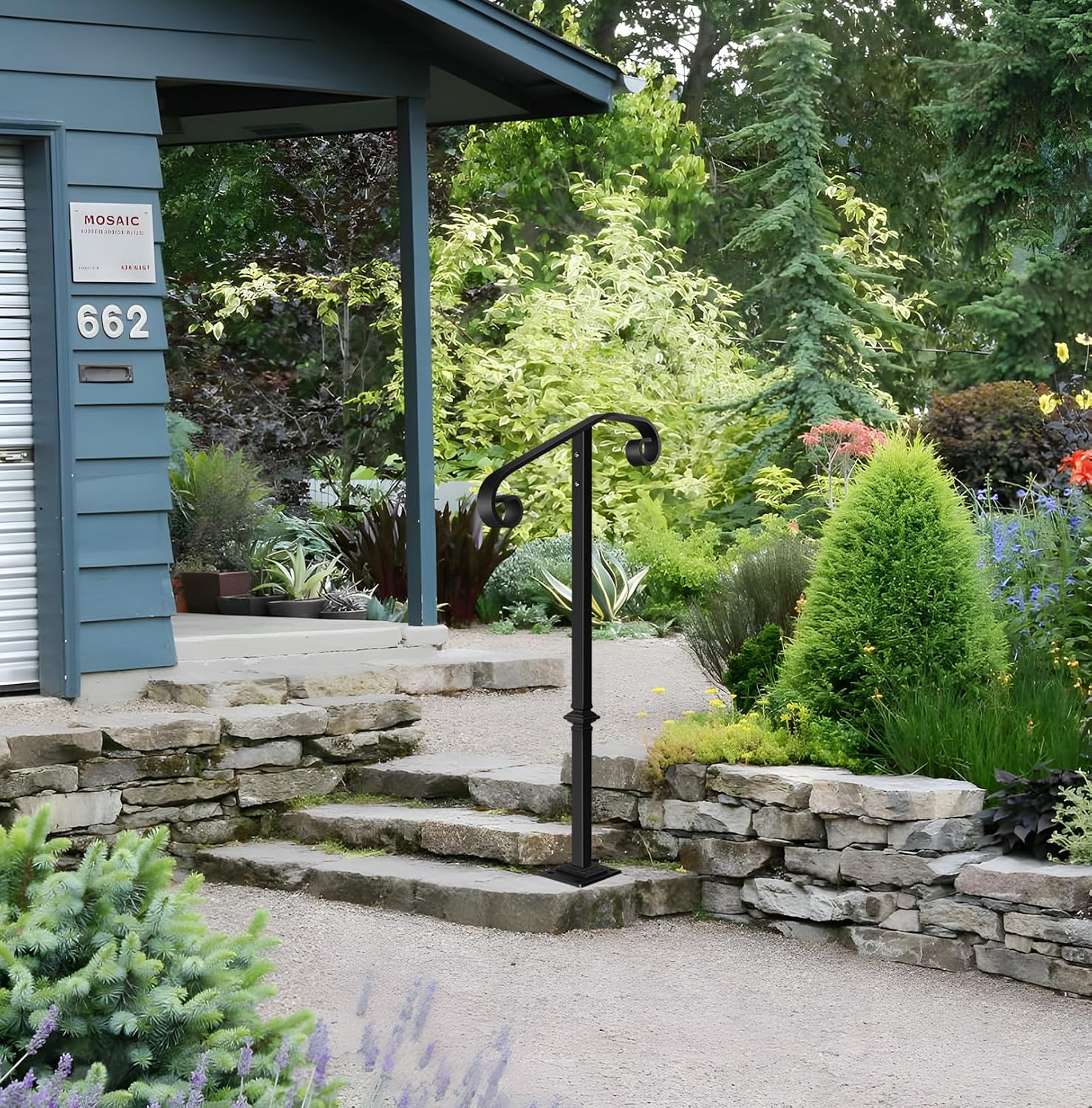 Wrought Iron Handrail 38.8" H, Single Post Handrail Fits 1 or 2 Steps