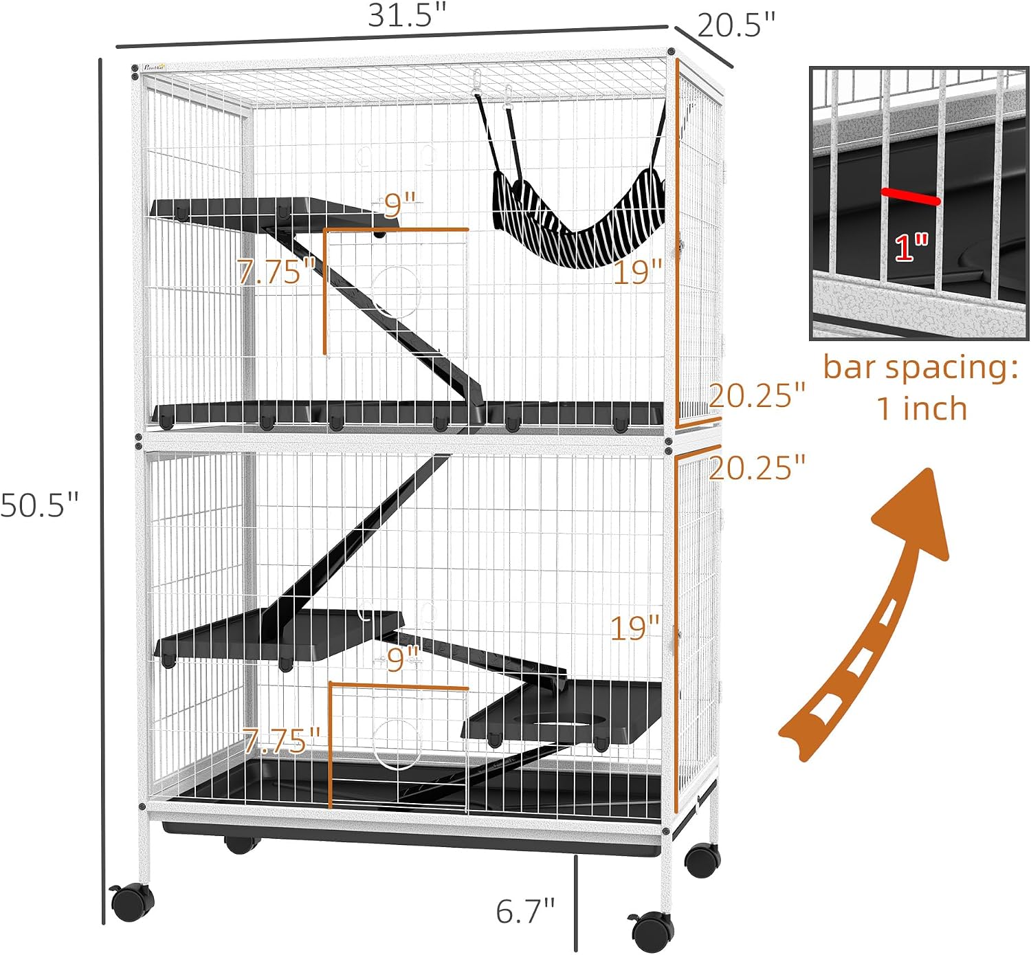 PawHut Metal Small Animal Cage, 4-Tiers Rolling Big Ferret Cage, Gray