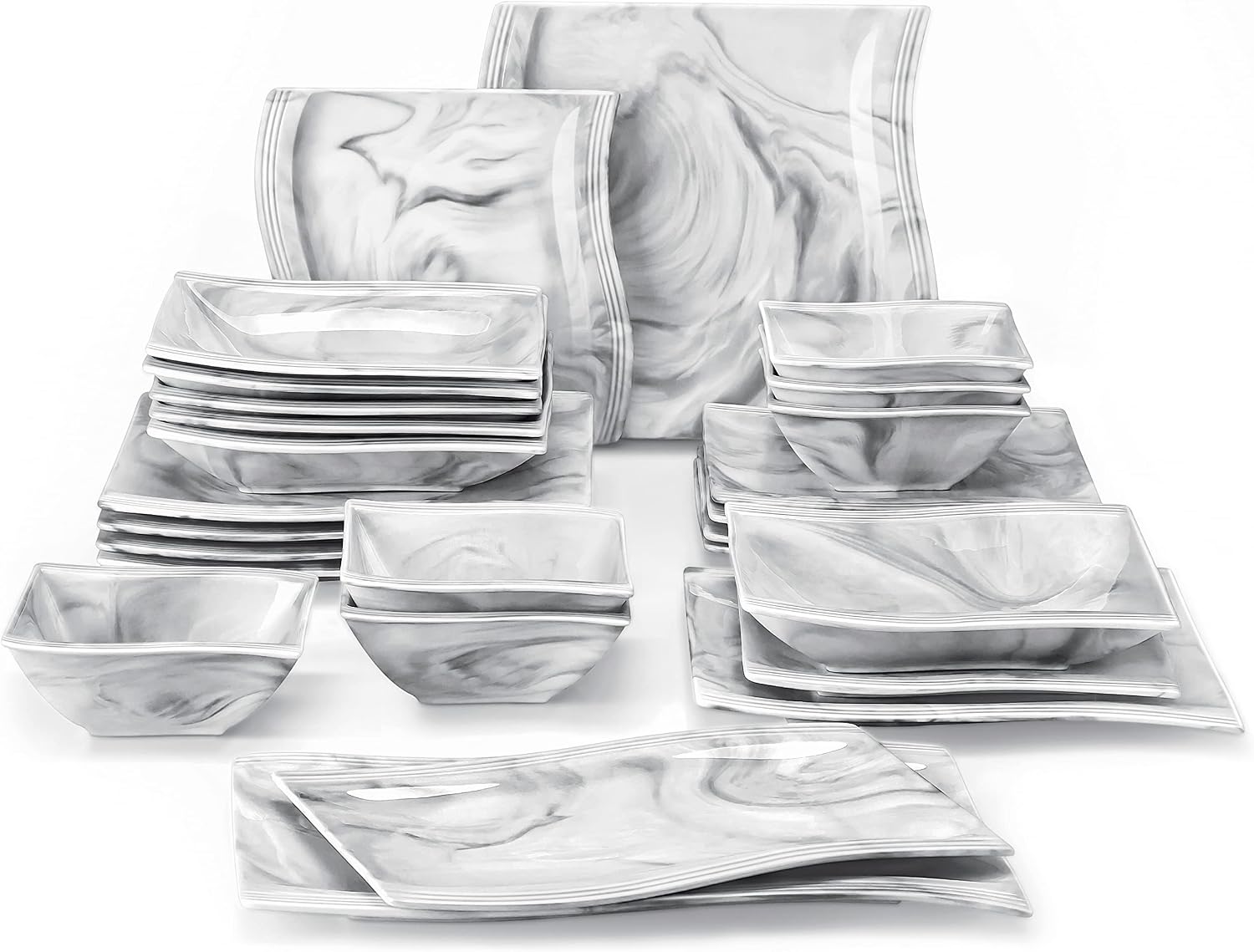MALACASA Plates and Bowls Sets, 26 Pieces Ivory White Porcelain Dinnerware Sets without Mugs, Square Dinnerware with Dinner Plates, Bowls and Serving Platters, Modern Dish Set for 6, Series Flora