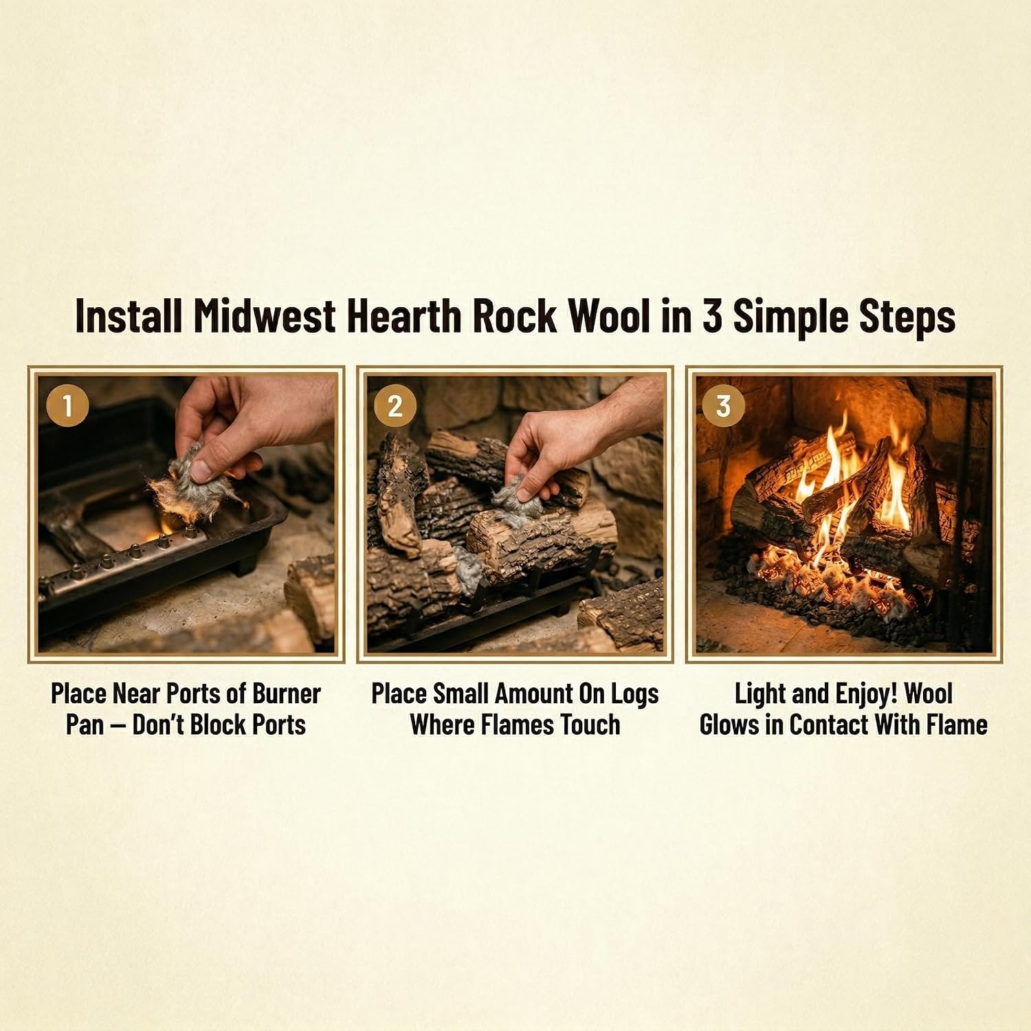 Midwest Hearth Rock Wool for Gas Logs – 6 oz | Glowing Embers Effect for Gas Fireplace and Gas Log Sets | Vented and Unvented Compatible | Made in