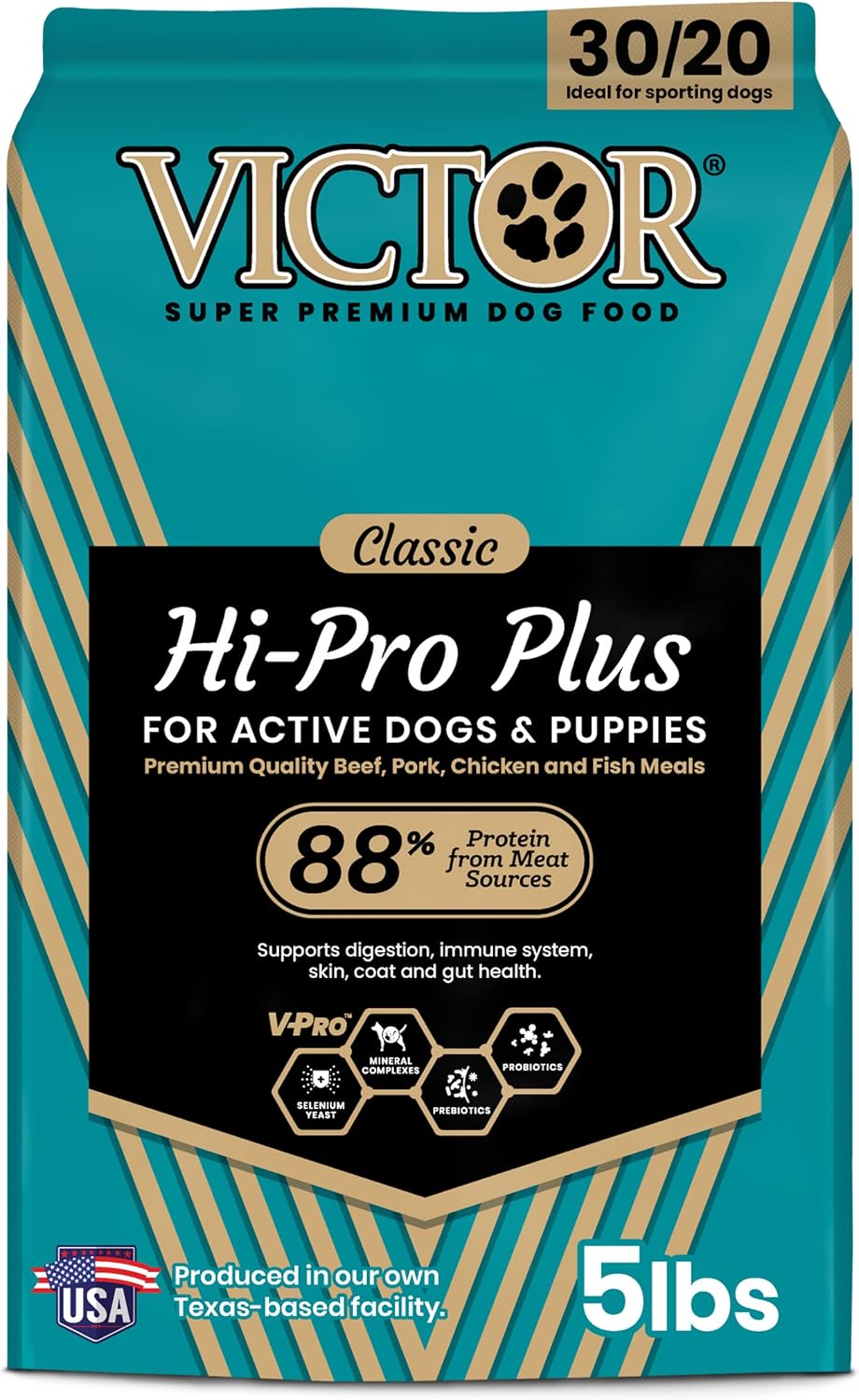 VICTOR Hi-Pro Plus Dry Dog Food - High Protein Gluten Free Dry Kibble, 5lb | Super Premium Dog Food, 30% Protein, Beef, Chicken, Pork and Fish Meals, For High Energy & Active Dogs & Puppies, 5lbs