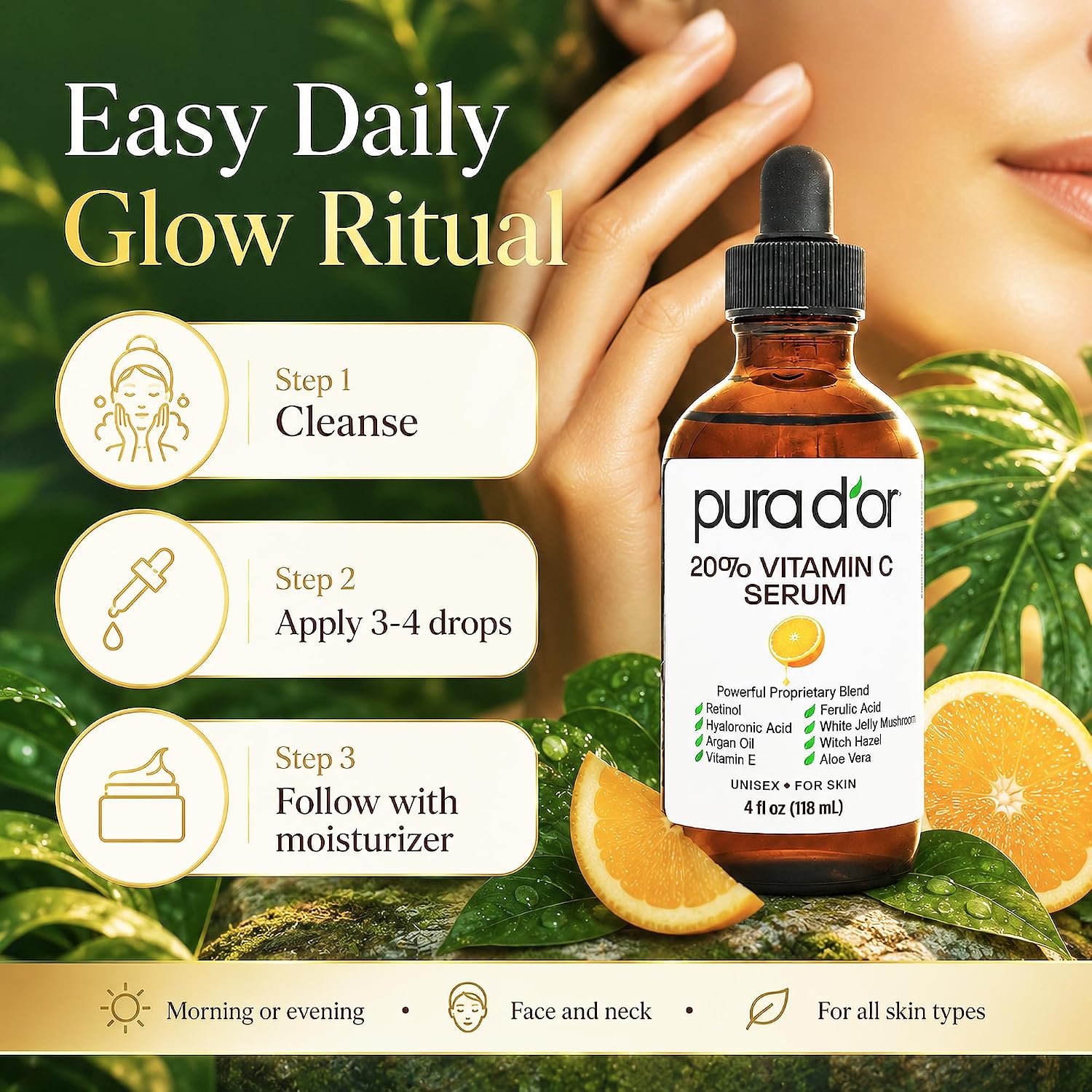 PURA D'OR 20% Vitamin C Anti-Aging Facial Serum, 4 fl oz | Smoother-Looking Texture, pH Balanced, Ferulic Booster, Antioxidant Support, Uneven Tone