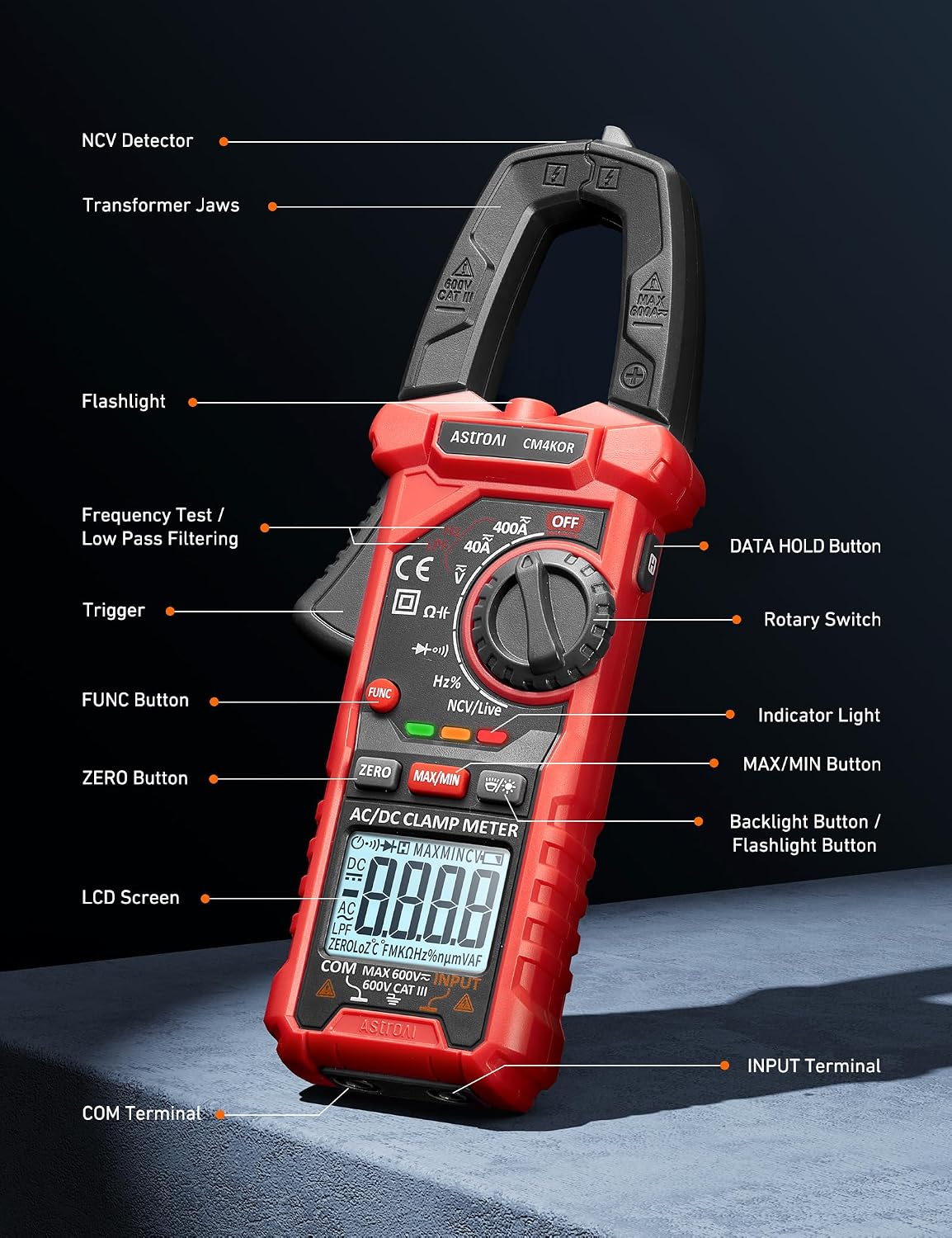 AstroAI Digital Clamp Meter Multimeter 2000 Counts Amp Voltage Tester Auto-ranging with AC/DC Voltage, AC Current, Resistance, Capacitance, Continuity