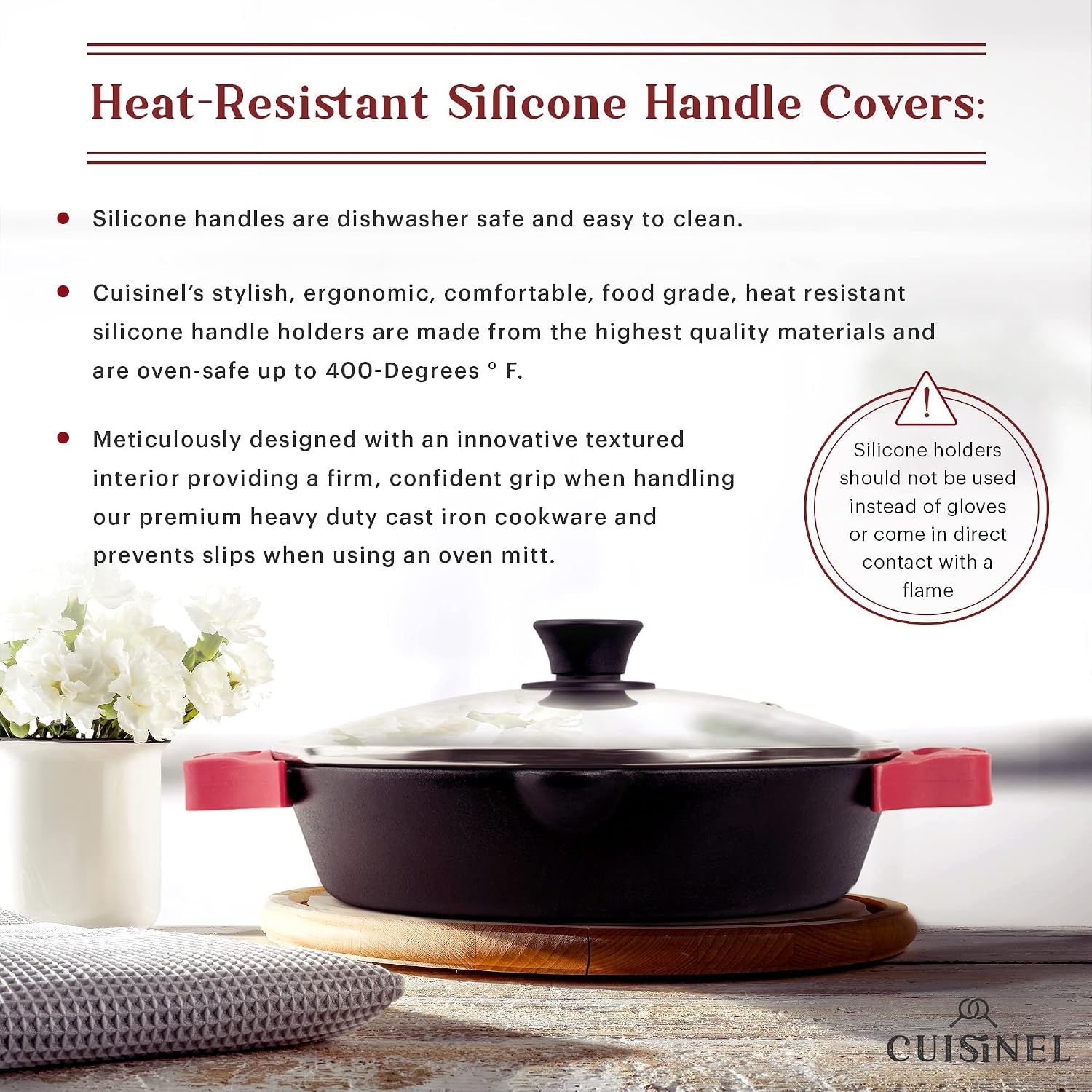 Cuisinel Cast Iron Skillet with Lid - 10"-Inch Pre-Seasoned Frying Pan + Glass Cover + Heat-Resistant Handle Holder - Indoor/Outdoor Use - Grill, Stove, Camp Firepit, Induction - Oven Safe Cookware
