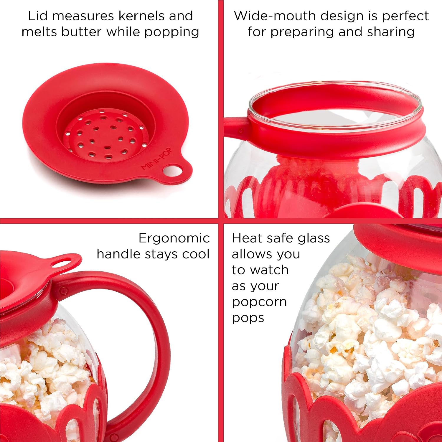 Ecolution Patented Micro-Pop Microwave Popcorn Popper with Temperature Safe Glass, 3-in-1 Lid Measures Kernels and Melts Butter, Made Without BPA, Dishwasher Safe, 3-Quart, Red