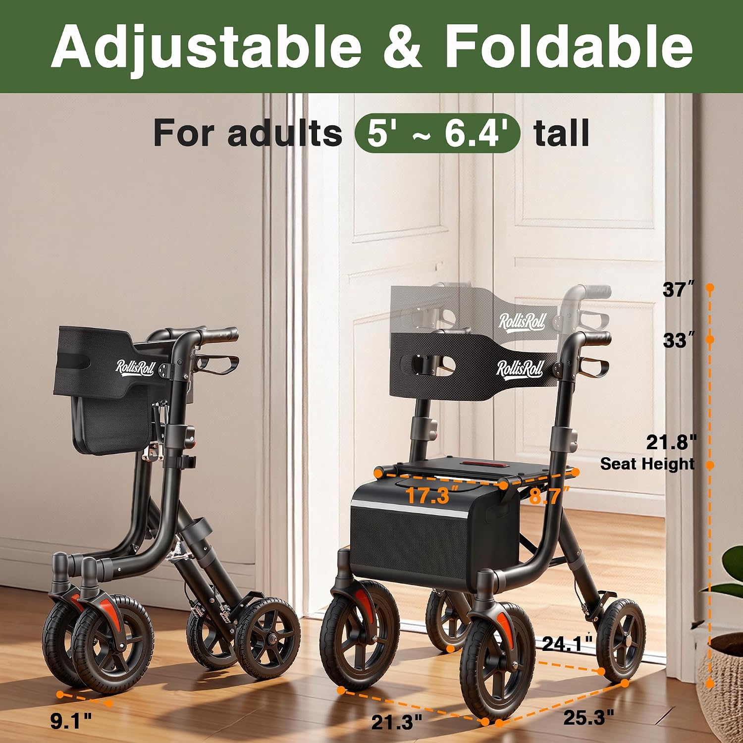 Walkers for Seniors, Rollator Walker with Seat, 10" Big Rubber Wheels All Terrain Rolling Walker, Lightweight Foldable Rollator Walker, Built-in Cable, Reinforced Aluminum Frame, Orange