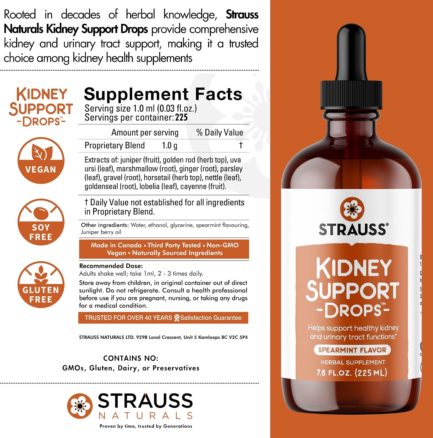 Strauss Naturals Kidney Support Supplement, Spearmint, 225 ml | Herbal Cleanse & Detox, Supports Urinary Tract Function, Non-GMO