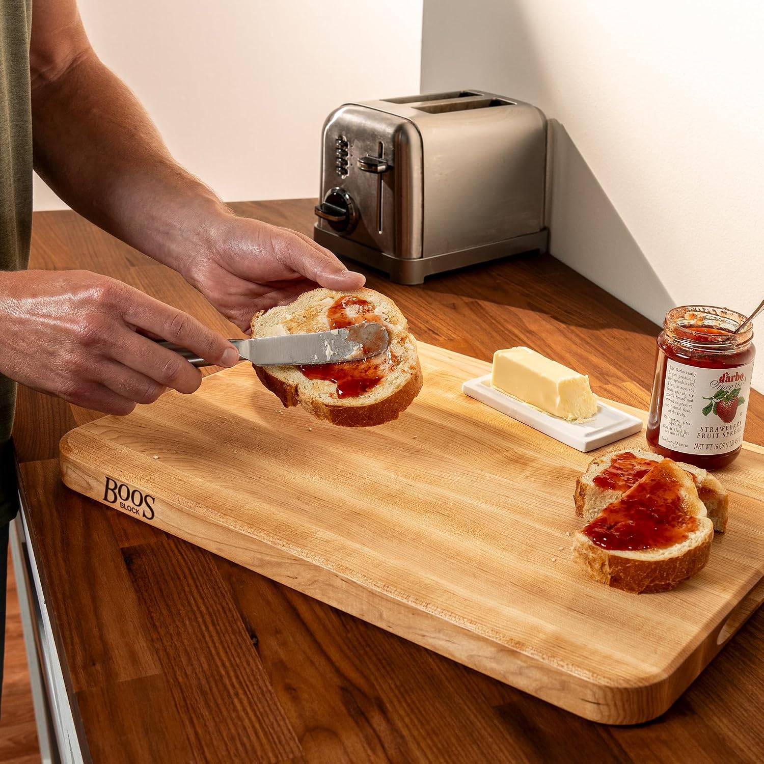 John Boos Chop-N-Slice Series Rectangular Maple Cutting Board, 20" x 14" x 1.25", 10 lb – Reversible Edge-Grain Butcher Block with Finger Grips, Made in the USA