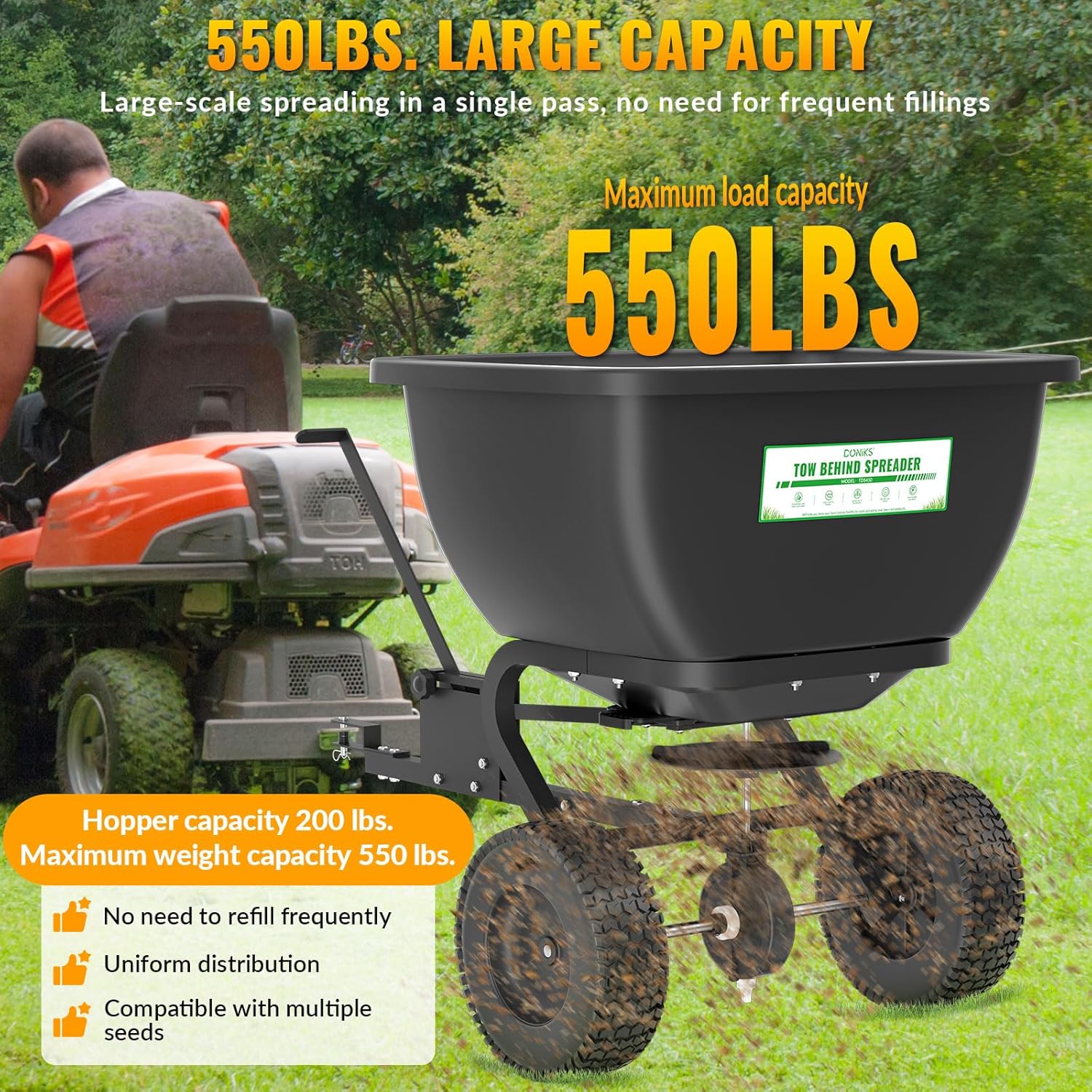 Tow Behind Broadcast Spreader, 200 LB Capacity, Fertilizer Spreader Holds up to 550 lbs with 13" Pneumatic Tires and Adjustable Flow Control Lever