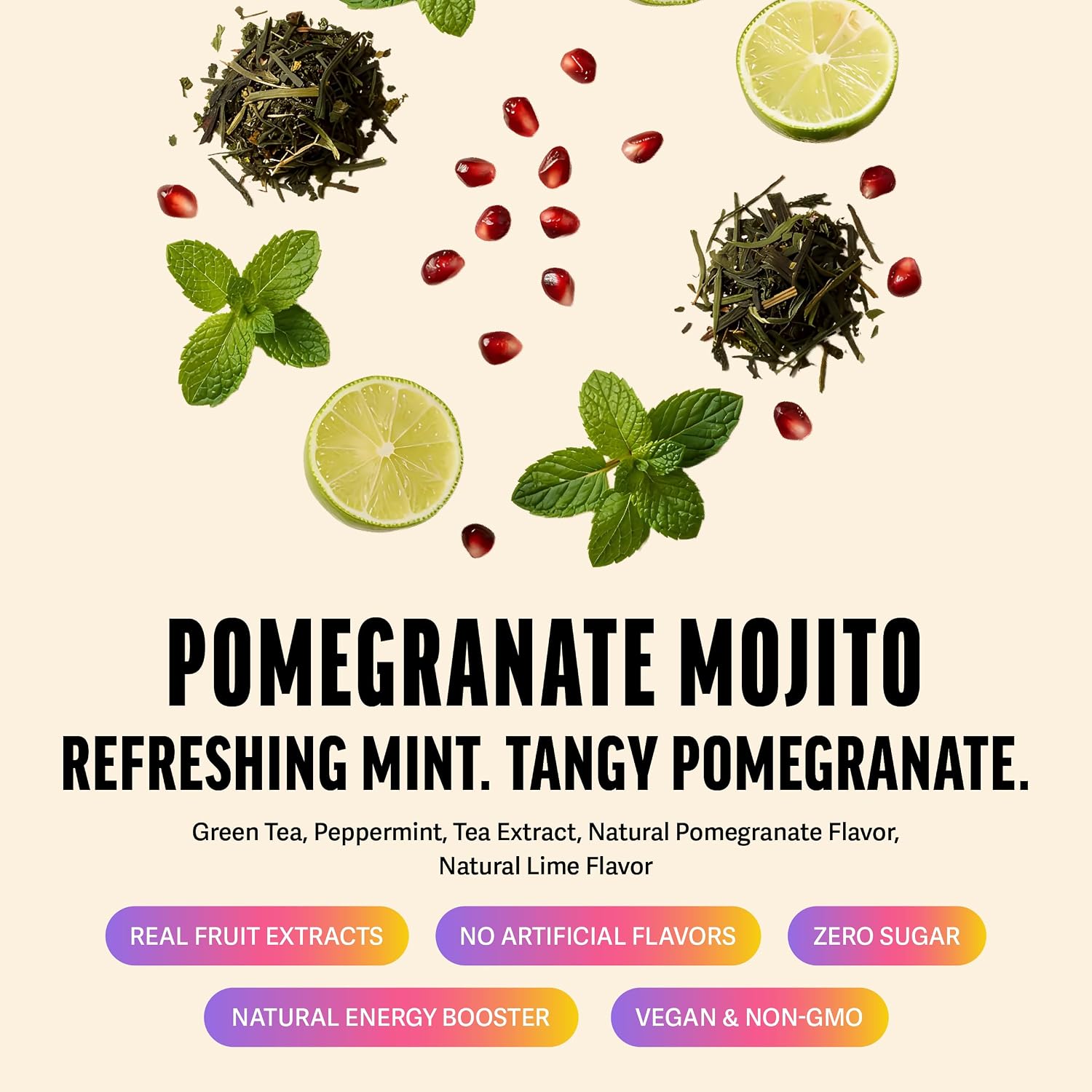 Zest Energy Green Tea – Pomegranate Mojito High Caffeine Tea Bags for Focus & Morning Energy – Natural Caffeinated Tea with 135mg Caffeine – Coffee Substitute – 20Ct Pack, Non-GMO & Keto Friendly