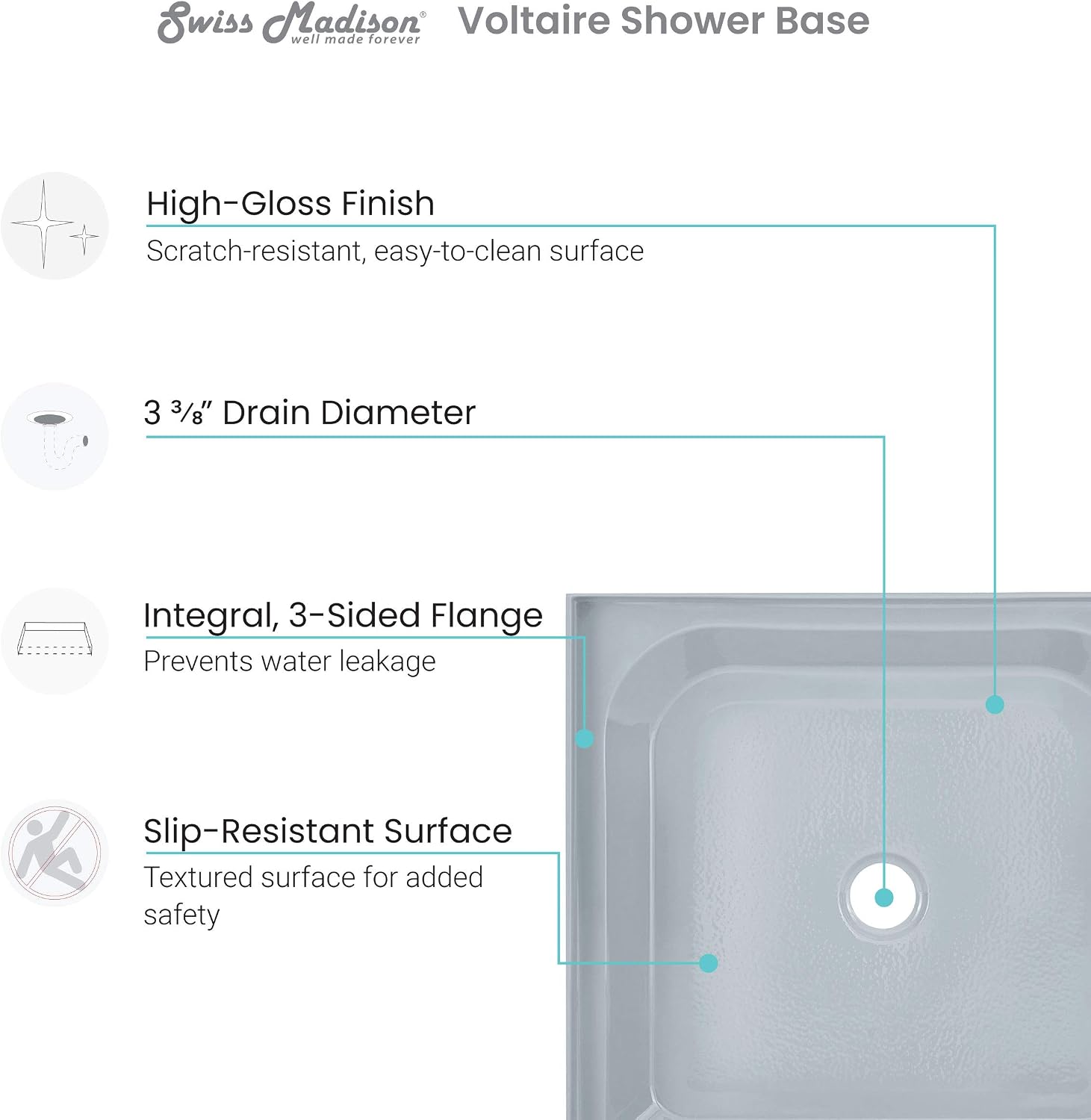 Voltaire 60" x 32" Single-Threshold, Right-Hand Drain, Shower Base in Gray