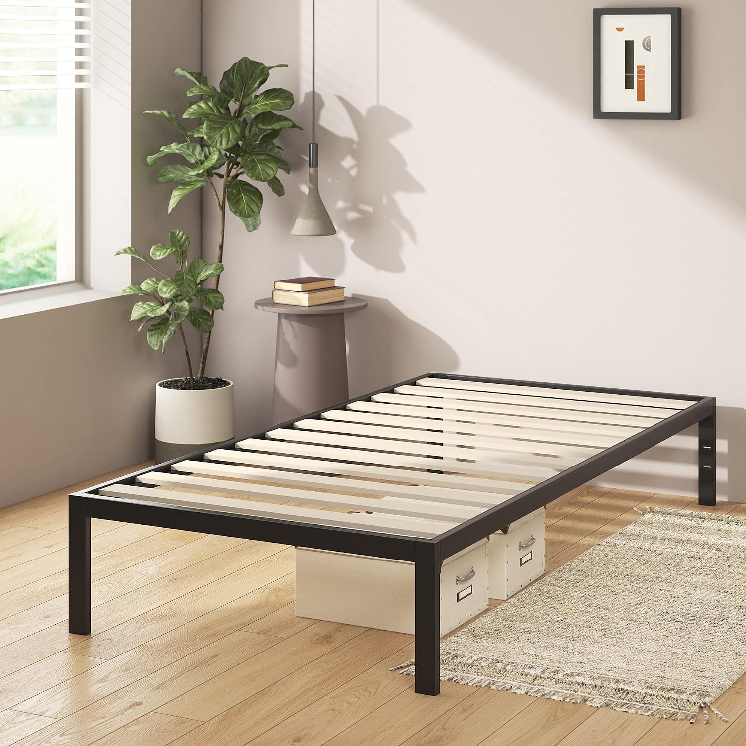 ZINUS Mia Metal Platform Bed Frame with Headboard, Wood Slat Support, No Box Spring Needed, Easy Assembly, Queen
