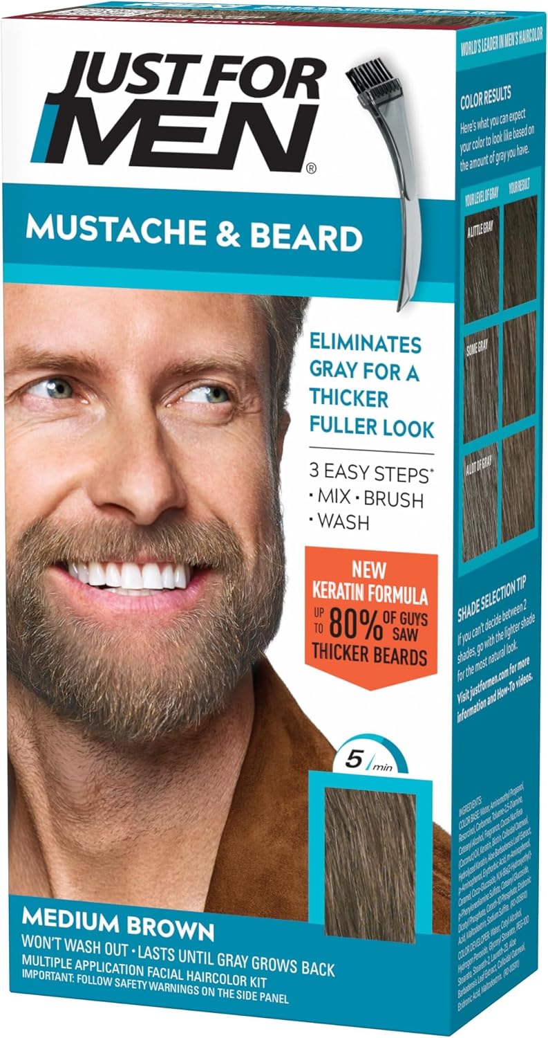 JUST FOR MEN Mustache & Beard Dye, Keratin, Light-Medium Brown M-30 (3 Pk) | Mustache & Beard color light-medium brown designed for facial hair to instantly eliminate gray. Enhanced with keratin.