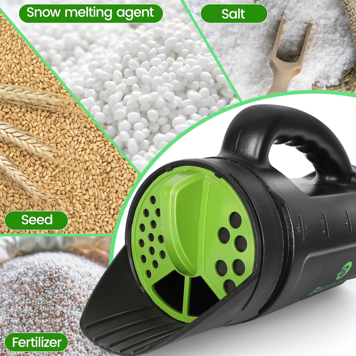 Hand Spreader Shaker, Multiple Adjustable Opening Sizes for All Purpose for Grass Seed, Fertilizer & Earth Food, Snow Salt