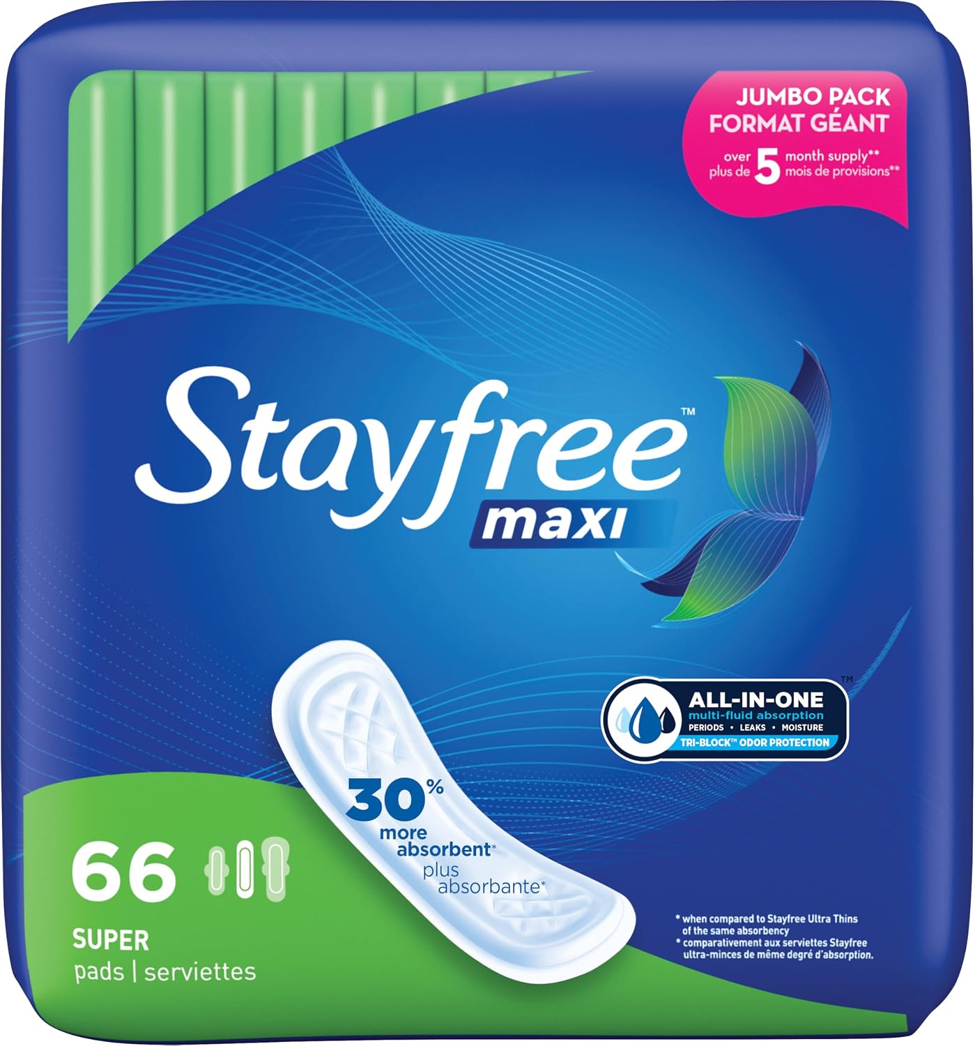 Stayfree Maxi Super Pads Wingless, Period and Leaks, 66 ct