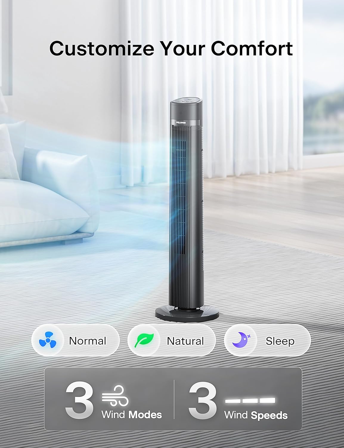 PELONIS 40-inch Bladeless Tower Fan for Bedroom, Standing Fan with Remote Control, 26ft/s, 90° Oscillation, 3 Speed Settings, 27 dB, 3 Modes