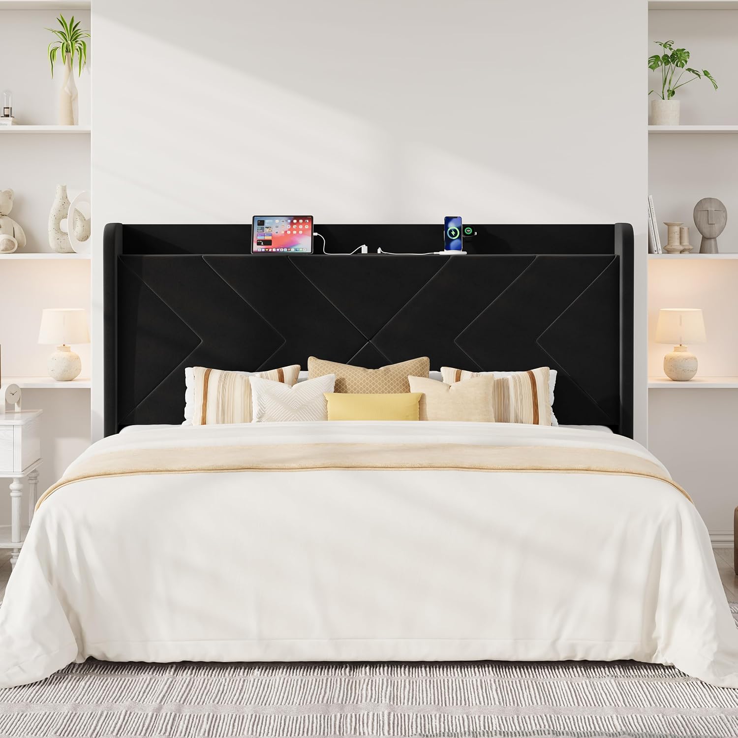 Allewie Full Size Platform Bed Frame with Charging Station and Storage Shelf/Upholstered Velvet Wingback Headboard/Wooden Slats Support/No Box Spring Needed/Easy Assembly, White
