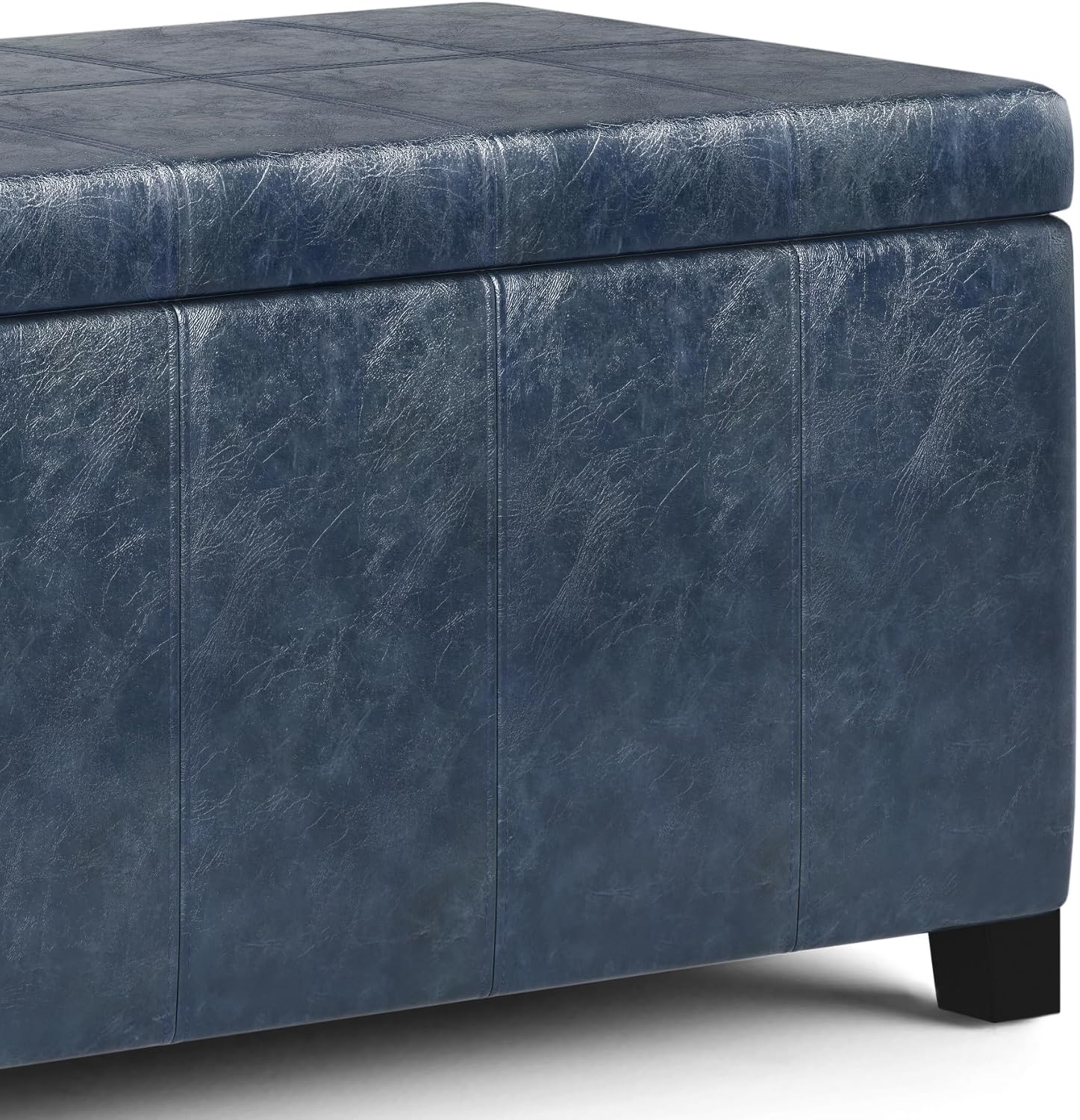 SIMPLIHOME Dover 36" Wide Vegan Leather Storage Ottoman in Midnight Black | Distressed umber brown, contemporary ottoman with lift-top and safety hinges; rectangle storage bench for living room.