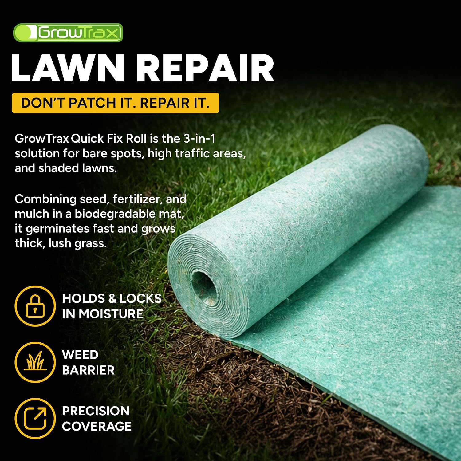 Growtrax Biodegradable Grass Seed Mat - 50 Sq Ft Bermuda Rye | Grass Seed and Fertilizer for Lawns, Dog Patches & Shade, Just Water and Grow