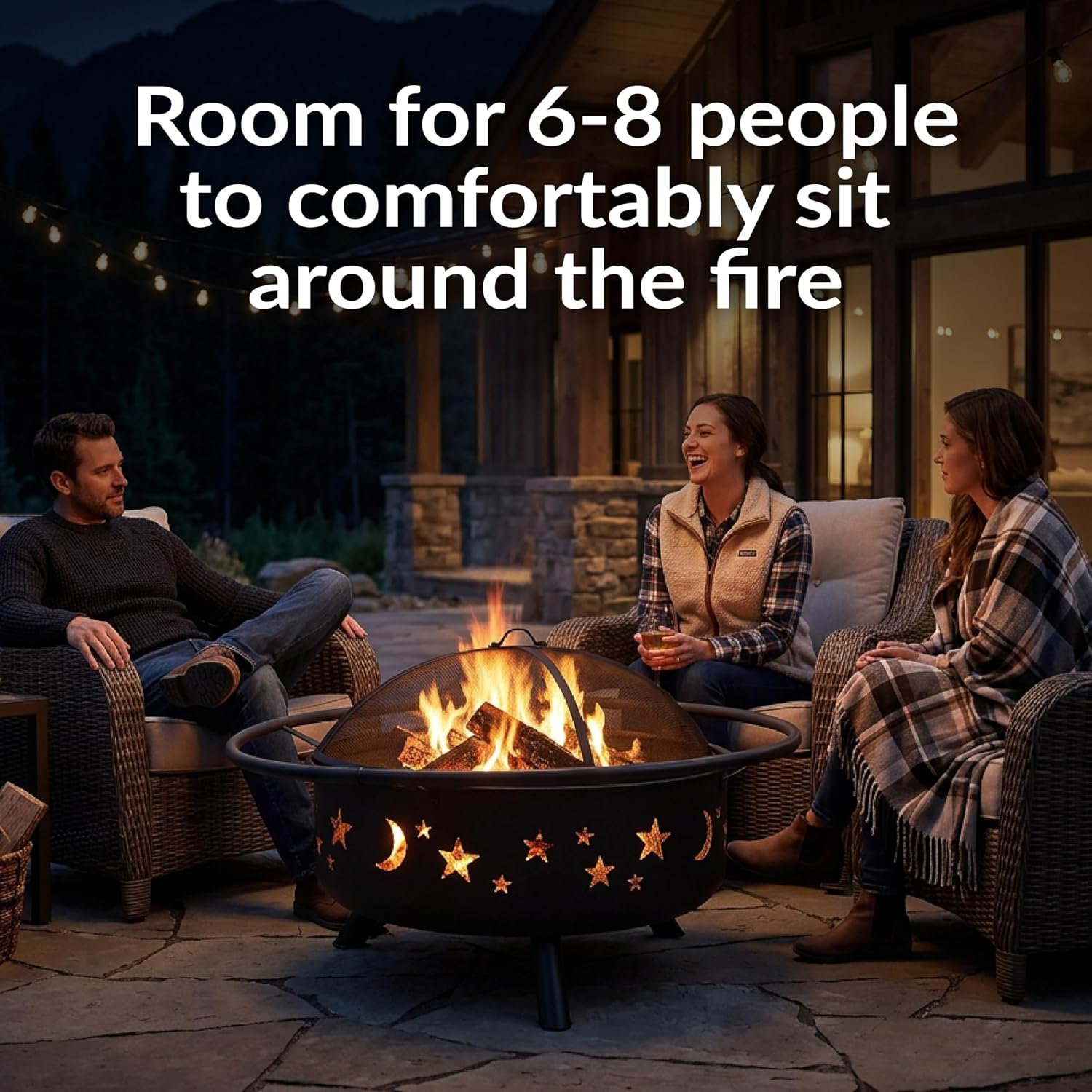 Sunnydaze Cosmic 42" Large Outdoor Fire Pit, Wood Burning, 34" Bowl Dia | Bronze, Heavy Duty Steel Metal, Includes Spark Screen, Wood Grate, & Poker, Round Backyard Firepit for Outside, Patio, Deck