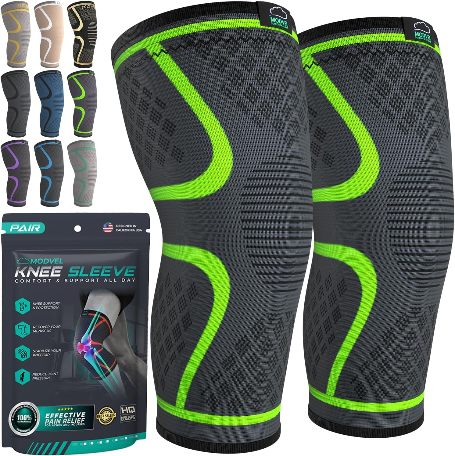 Modvel Compression Knee Brace for Women & Men - 2 Pack Knee Brace for Women Running Knee Pain, Knee Support Compression Sleeve
