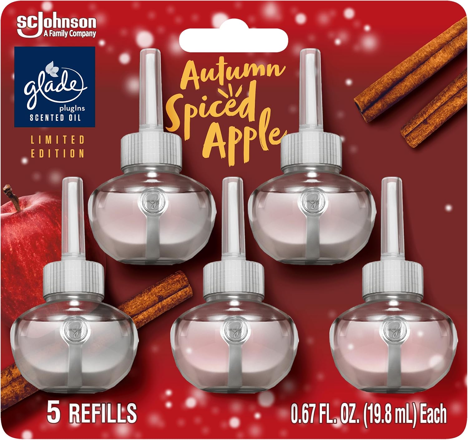 Glade PlugIns Refills Air Freshener, Scented and Essential Oils for Home and Bathroom, Autumn Spiced Apple, 3.35 Fl Oz, 5 Count
