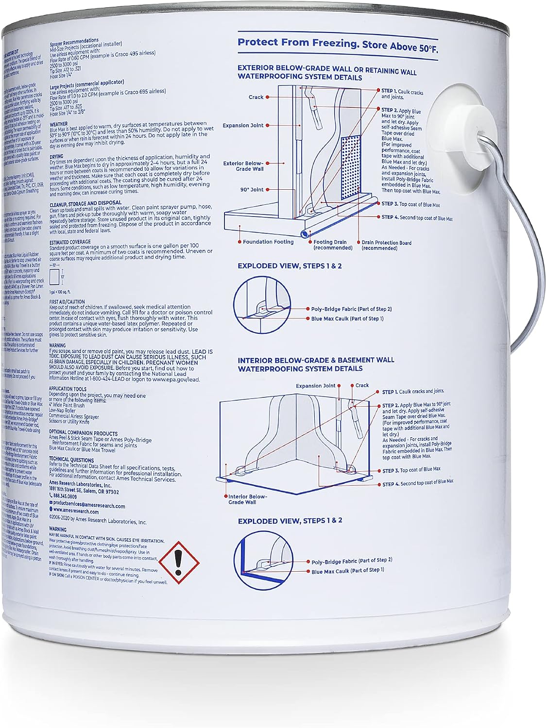 Ames Research Laboratories BMX5RG Blue MAX Waterproofer, Regular Use in Interior & Below-Grade Exterior Concrete Sealer and More. Liquid Rubber, 5 Gallon (Pack of 1), 640 Fl Oz | Ideal for waterproofing above & below grade foundations, basements, roofs,…
