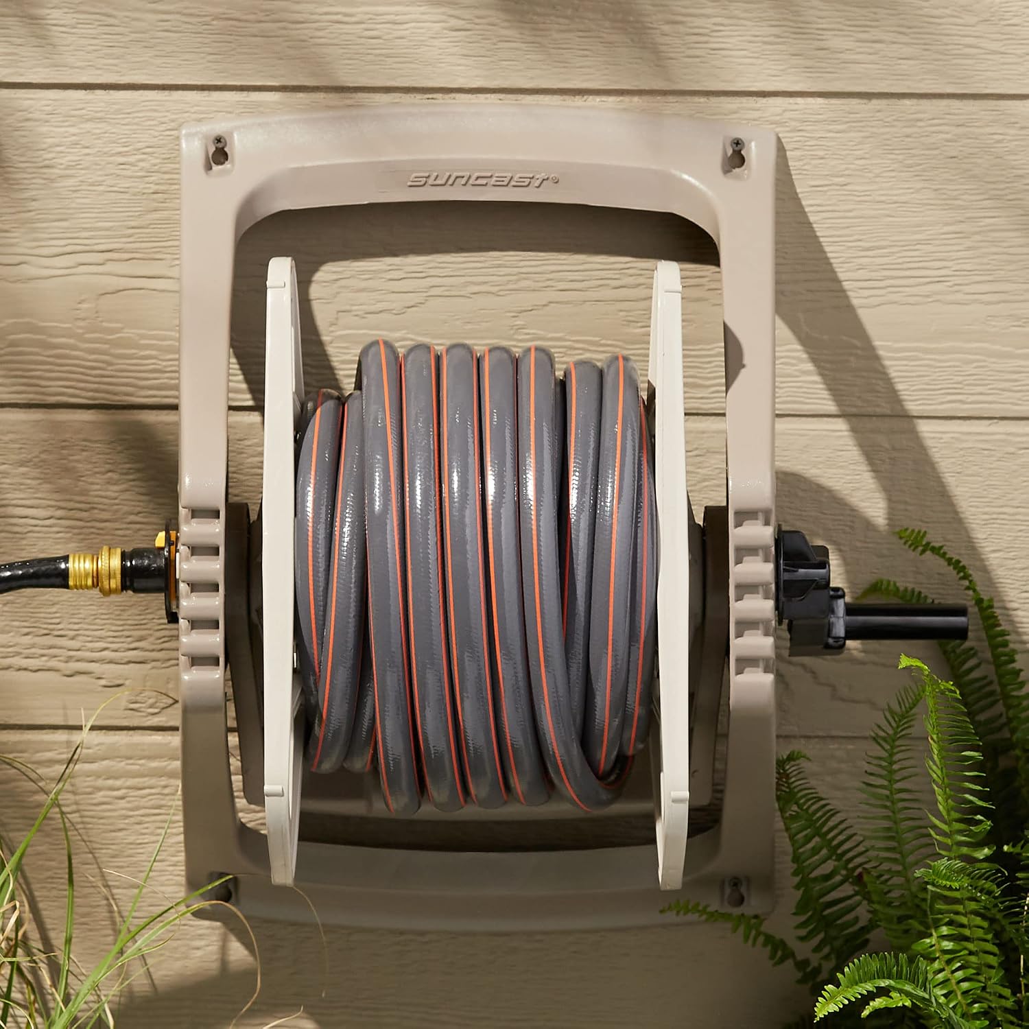 Suncast 100 ft. Tote or Wall Mount Resin Garden Hose Reel with Lid, Taupe