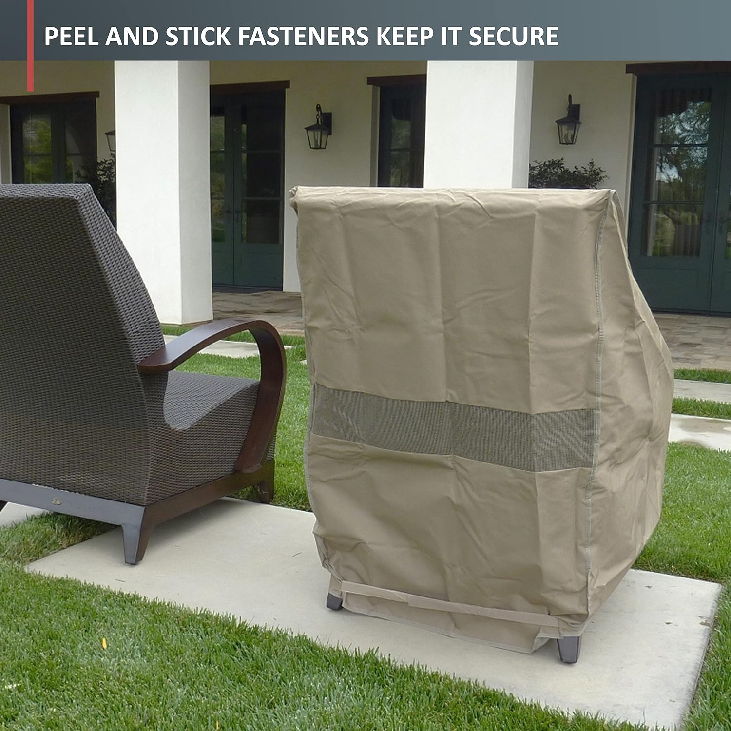 Formosa Covers | Outdoor Patio High Back, Rocking, Swivel Chair Cover Stackable Dining Seat Protection Secure Fastener Strips | 27" W x 30" D x 42" H (Taupe)