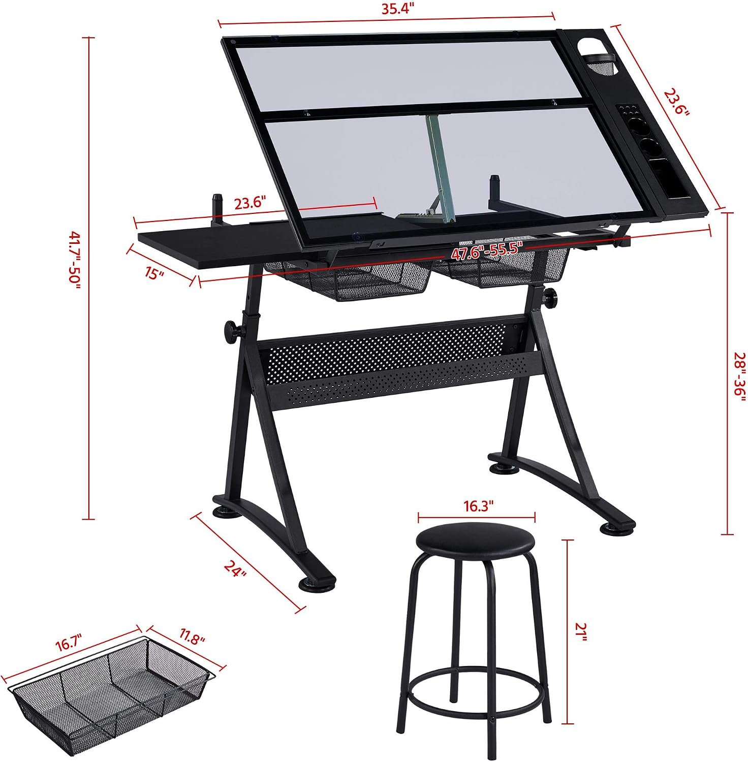 Yaheetech Adjustable Drafting Table & Stool, Tilting Glass Art Desk