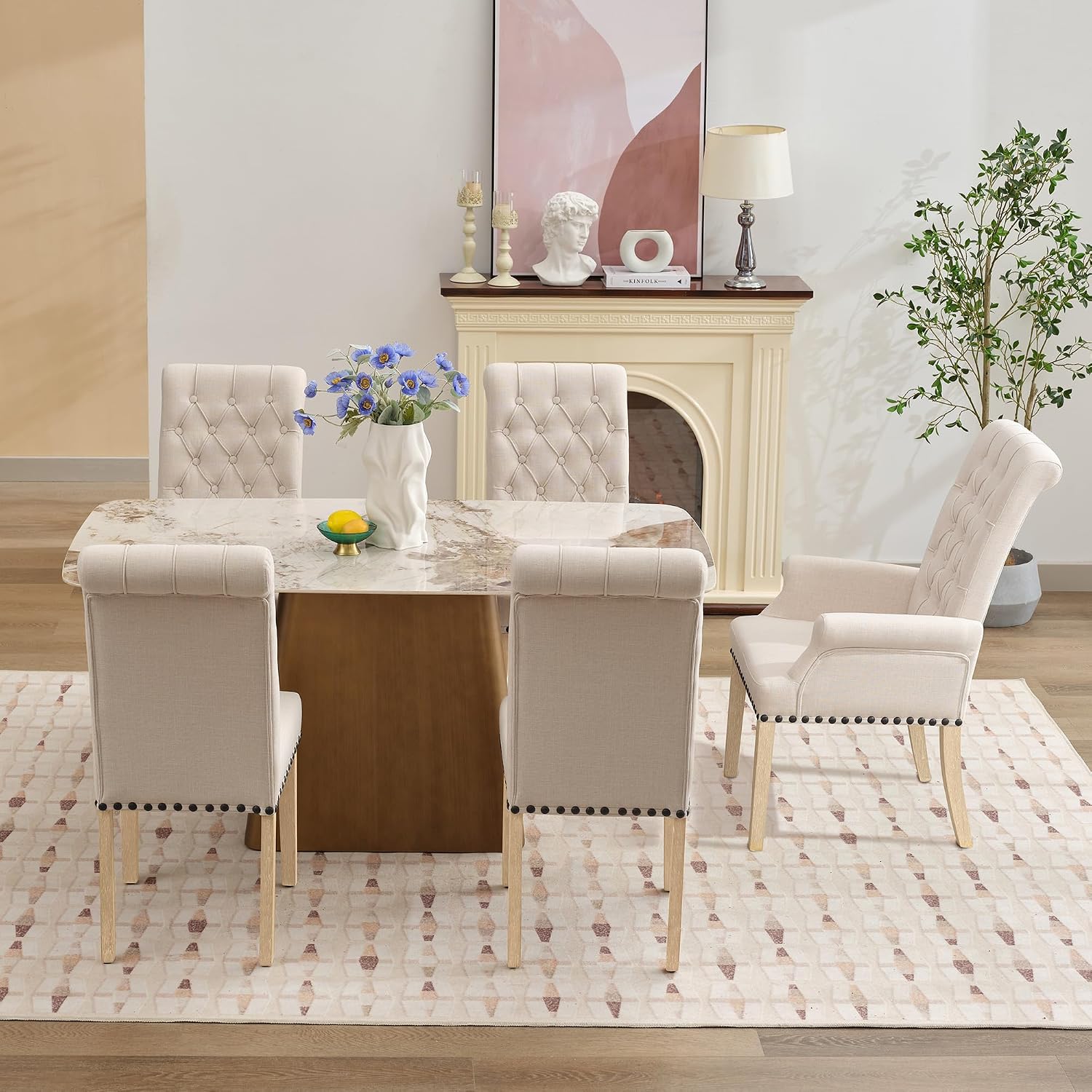adochr Dining Chairs with Arms,Linen High Back Dining Room Chairs, Beige