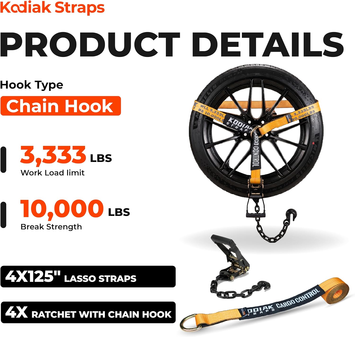 Adjustable Vehicle Tire Tie Down Straps Kit– 4pk Heavy Duty Tire Straps with Snap Hooks 10