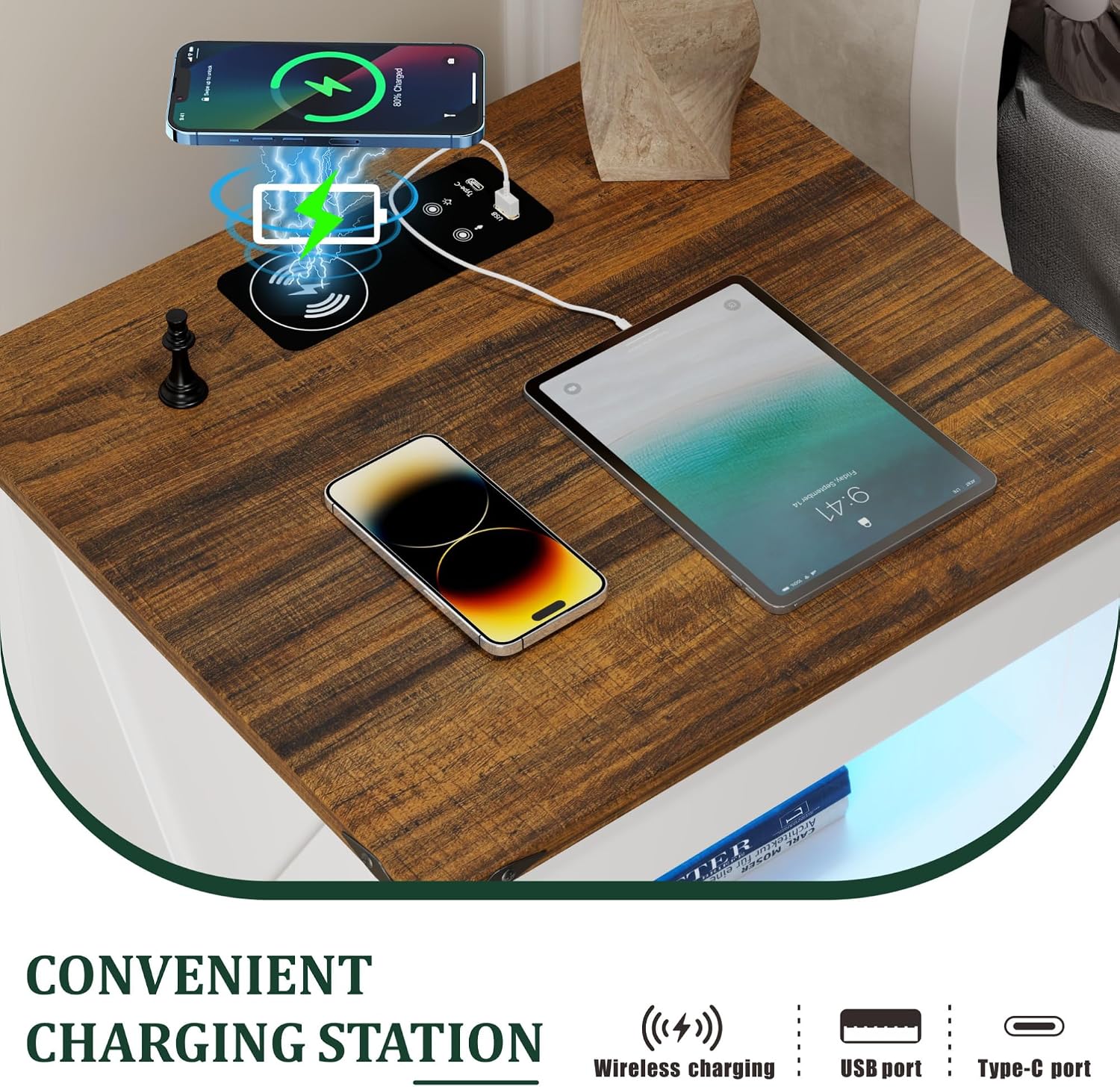 LED Night Stand with Gun Drawer & Charging Station | Human Sensor Lights, Hidden Storage, Farmhouse Rattan Style, 3 Drawers, Bedside Table for Bedroom, End Tables Livingroom